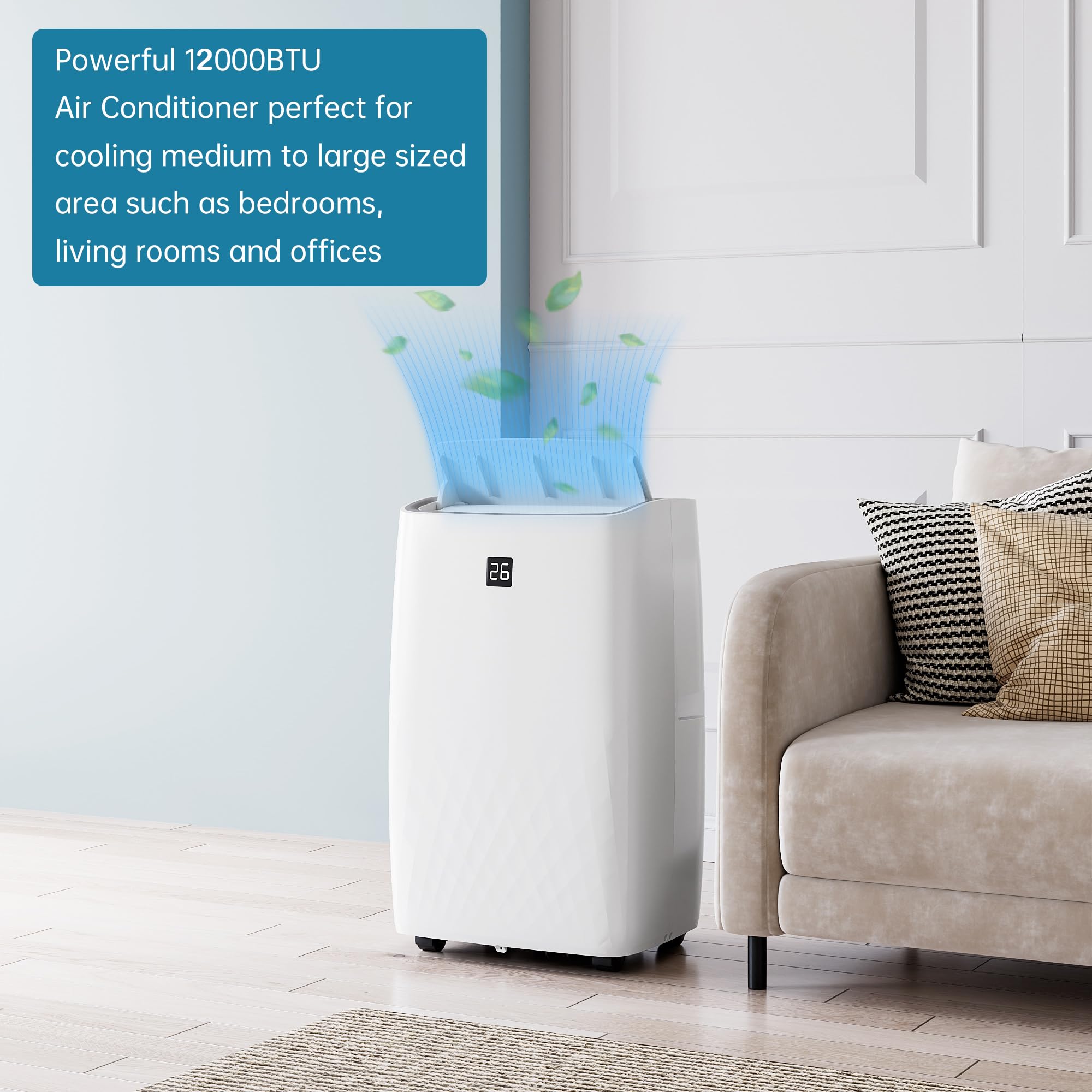 12,000 BTU Portable Air Conditioner with Remote - Energy Efficient 3-in-1 Cooling, Fan & Dehumidifier for Rooms Up to 550 Sq.Ft - Perfect for Home, Office & Bedroom Cooling Needs