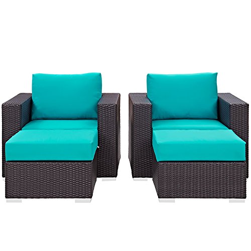 Modway Convene 4-Piece Outdoor Patio Furniture Set - Wicker Rattan Sofa & Chairs in Espresso & Turquoise - Perfect for Backyard, Garden, Poolside & Patio Relaxation