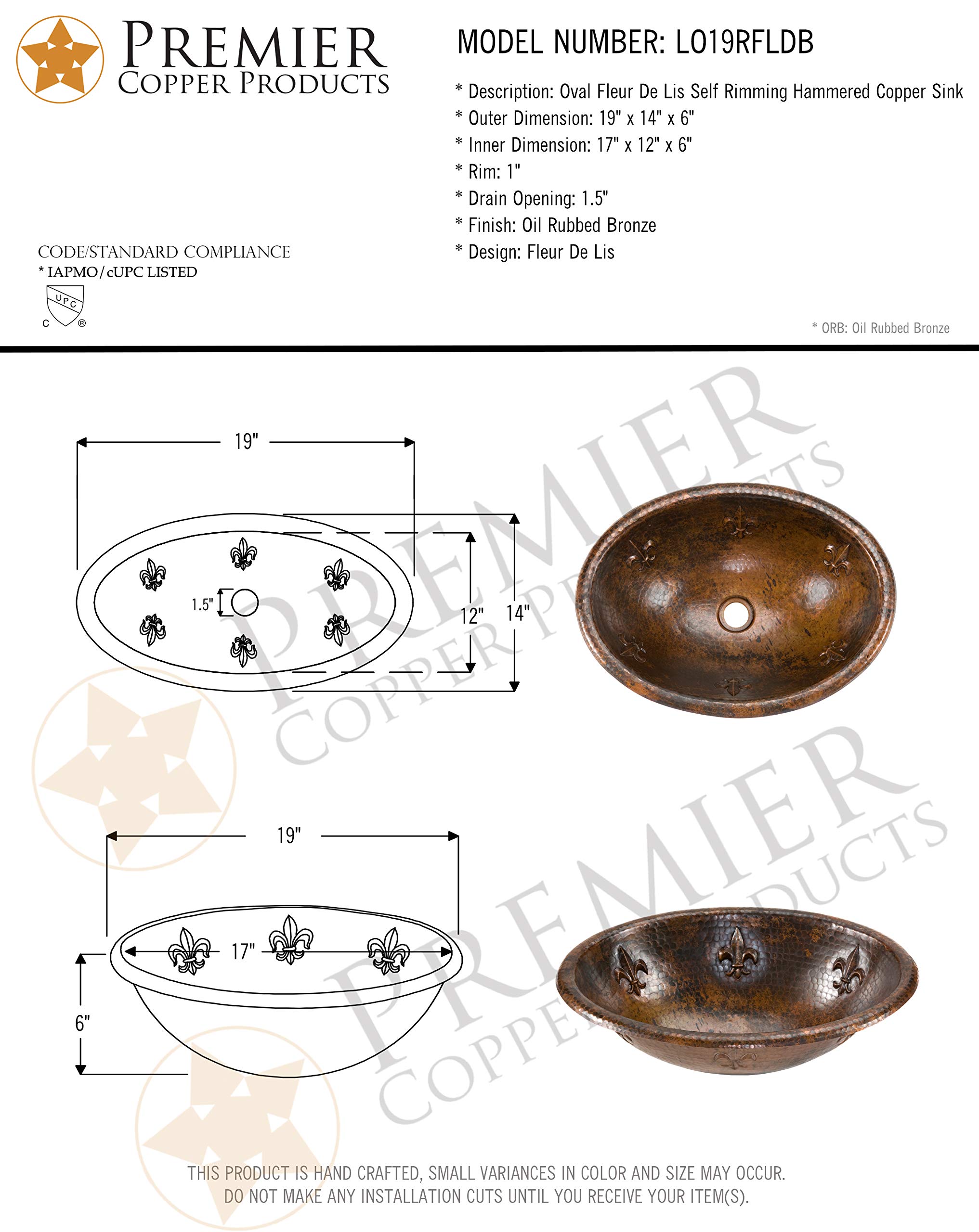 Premier Copper Products LO19RFLDB 19-Inch Oval Fleur De Lis Hammered Copper Sink with Oil Rubbed Bronze Finish - Perfect for Farmhouse, Rustic Kitchen & Bathroom Decor