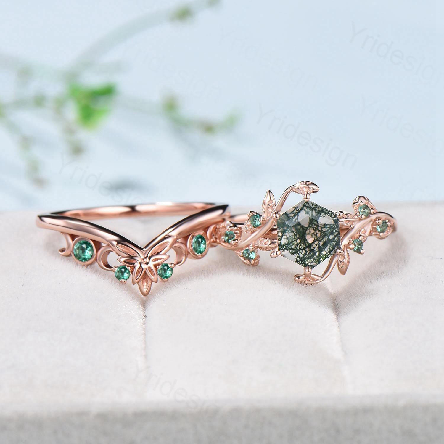 2pcs Hexagon Cut Moss Agate Ring Set - Elegant Green Agate Nature Inspired Engagement Ring, Emerald Stacking Band Bridal Set, Anniversary Gift for Women - Perfect for Weddings, Proposals, Valentine's Day & Everyday Boho Jewelry