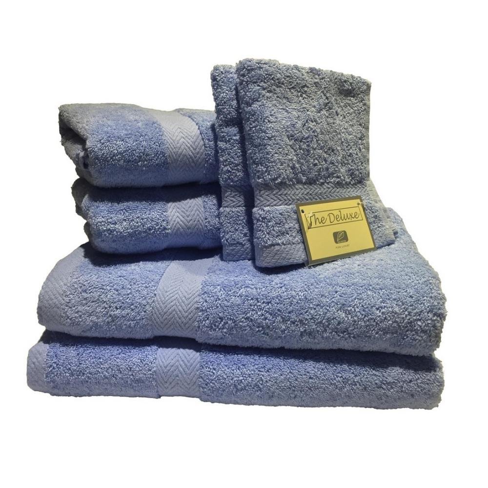 Premium 6-Piece 100% Cotton Terry Bath Towel Set - Super Absorbent, Soft & Quick-Drying - Ocean Blue - Perfect for Spa, Bathroom, Hotel & Luxury Home Use