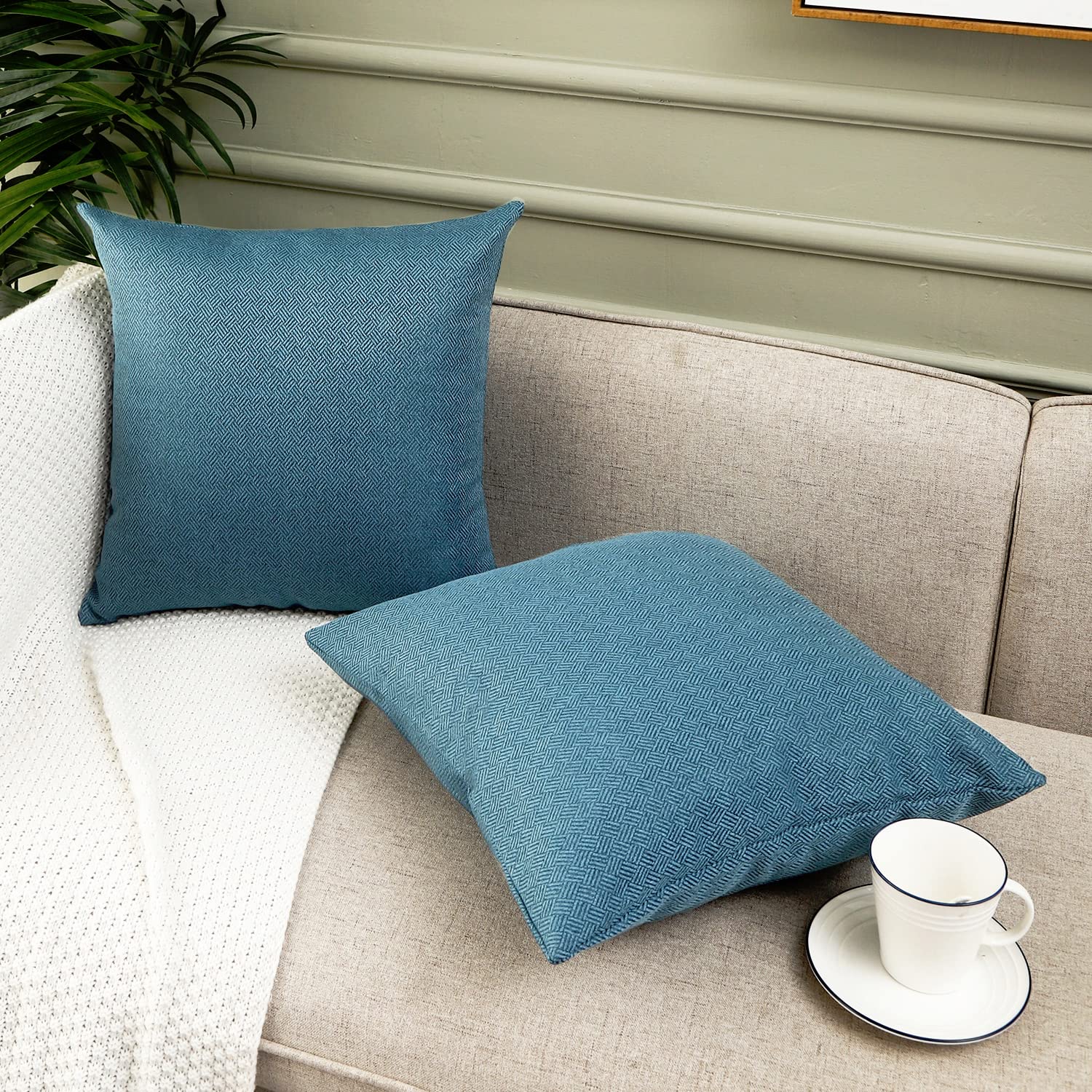 Jepeak 20x20 Inch Woven Textured Throw Pillow Covers (Pack of 2) - Rustic Linen Square Cushion Covers for Farmhouse, Spring & Home Decor - Denim Blue - Perfect for Sofa, Couch, Bed & Living Room Accents