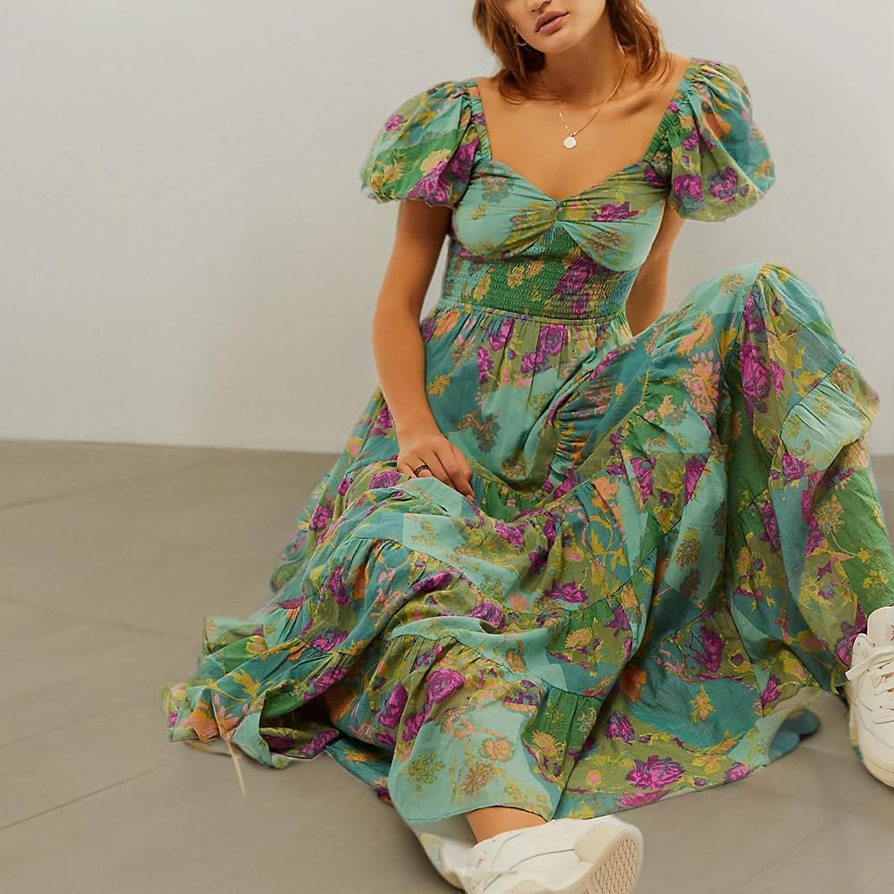 Women's Floral Maxi Dress with Short Puff Sleeves & V-Neck - Bohemian Flowy Smocked Dress for Casual Spring Summer Wear - Perfect for Beach Vacations, Garden Parties and Date Nights