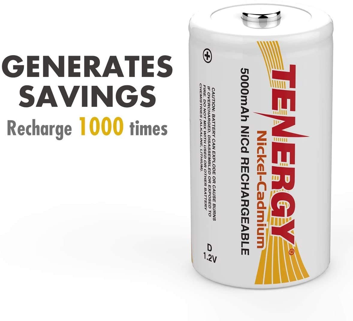 Tenergy D Size 5000mAh NiCd Rechargeable Batteries with Button Top - 80 Pack for Flashlights, Toys, Emergency Kits & Electronic Devices