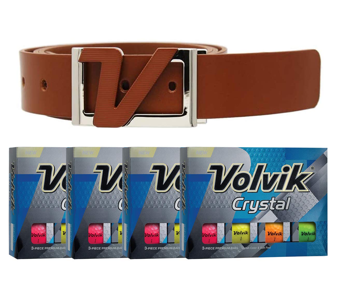Volvik Crystal 3-Piece Premium Color Golf Balls 4 Dozen (48 Balls) Bundle with Genuine Italian Leather White Belt | High Visibility Golf Balls for Tournament Play & Gift Sets for Golf Enthusiasts