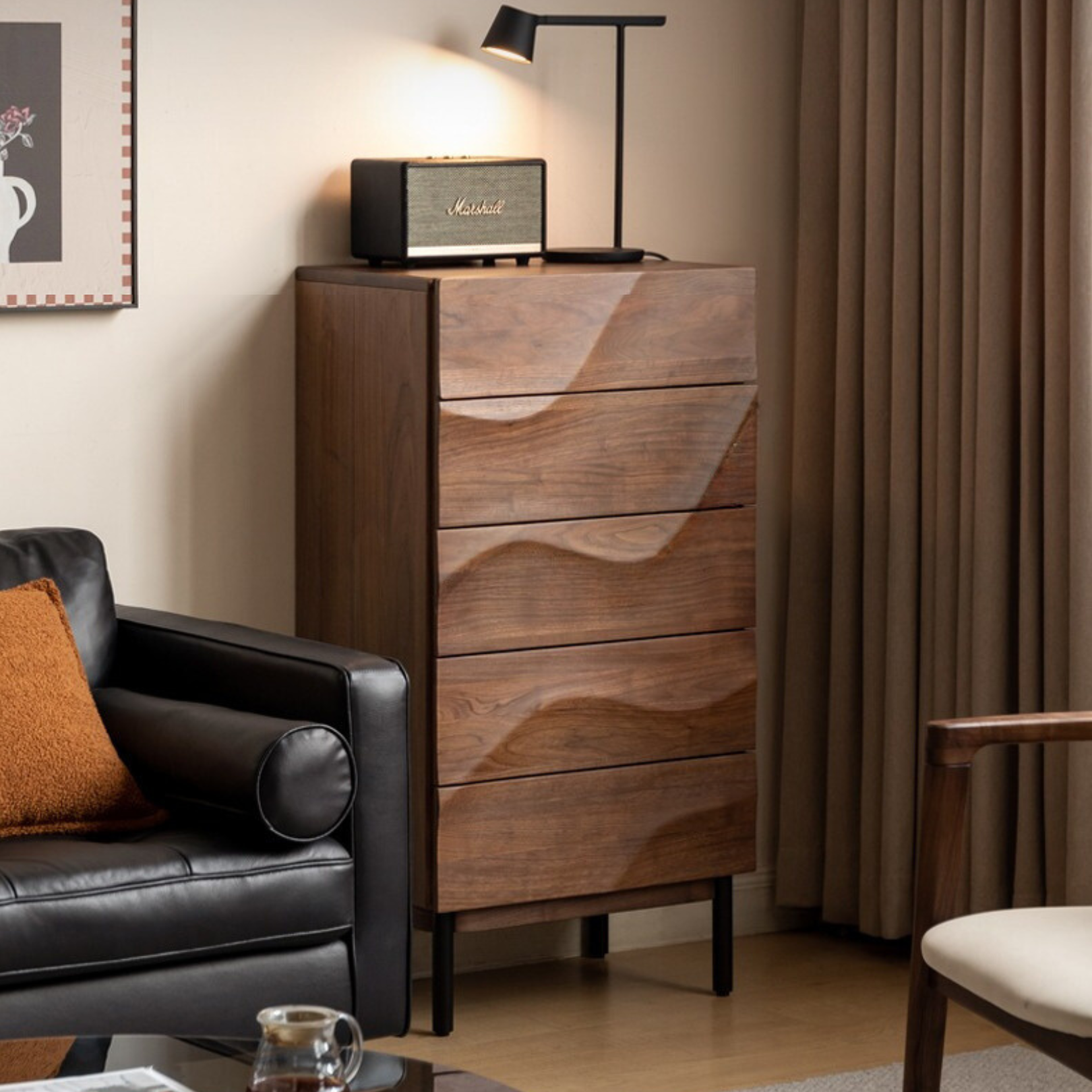 Black Walnut Solid Wood Wave Nightstand - Modern Bedroom Side Table with Drawer for Storage | Perfect for Bedside, Living Room, or Office Use