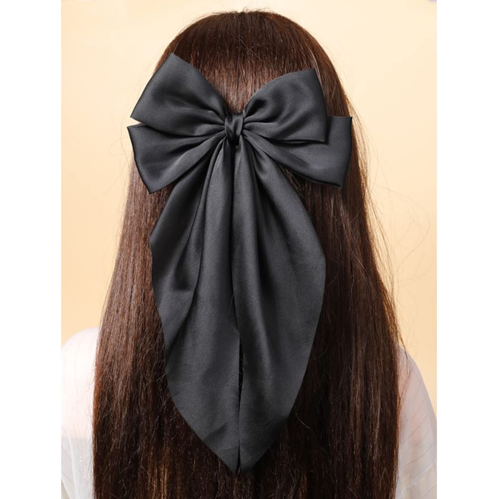 1PC Large Satin Hair Bows for Women & Girls - Black Silk Ribbon Hair Barrettes, Giant Long Bow Hair Clips, Ponytail Holder Accessories - Perfect for Weddings, Parties, and Everyday Elegant Styling