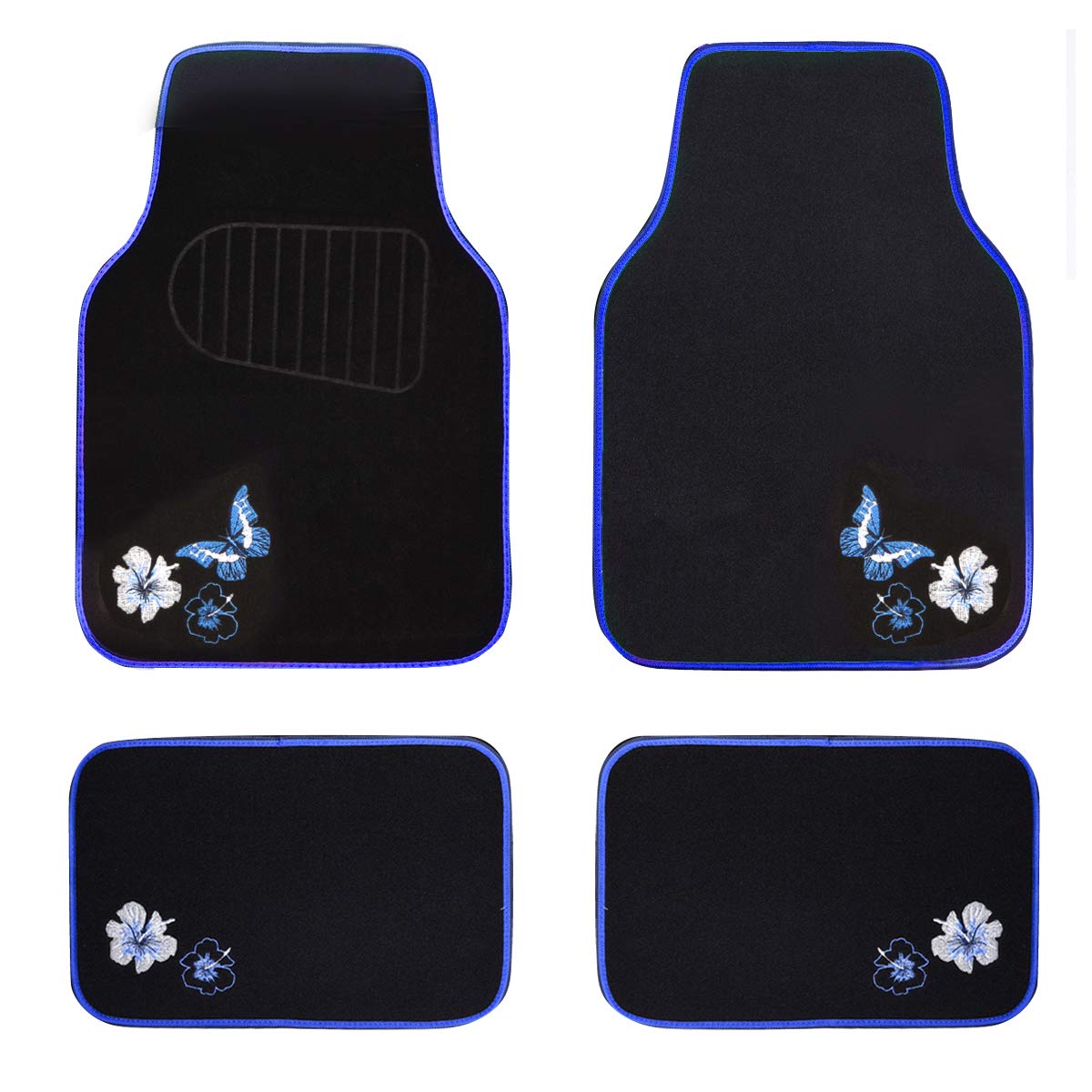 Butterfly and Flower Embroidered Car Floor Mats - Universal Fit for 95% of Cars, SUVs, Sedans & Vans - Blue & Black Set of 4 - Women's Girly Style - Perfect for Daily Commute, Road Trips & Car Interior Decoration