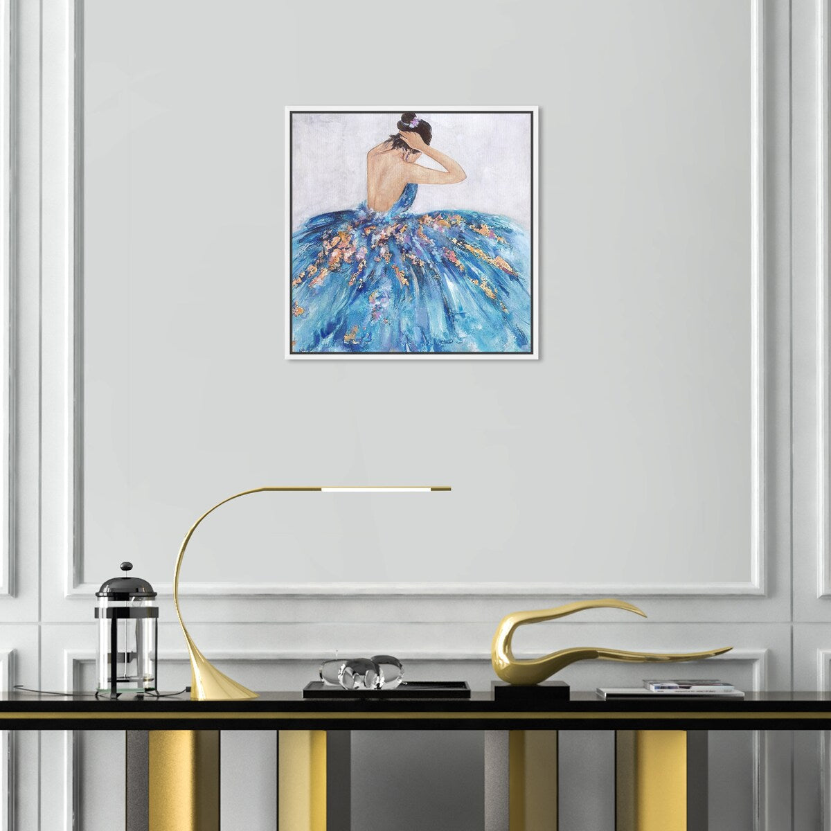 Elegant Princess Dress Glam Blue Framed Canvas Wall Art Print - Blue & Festive Home Decor for Bedroom, Living Room, Nursery | Perfect Gift for Girls, Women & Teens