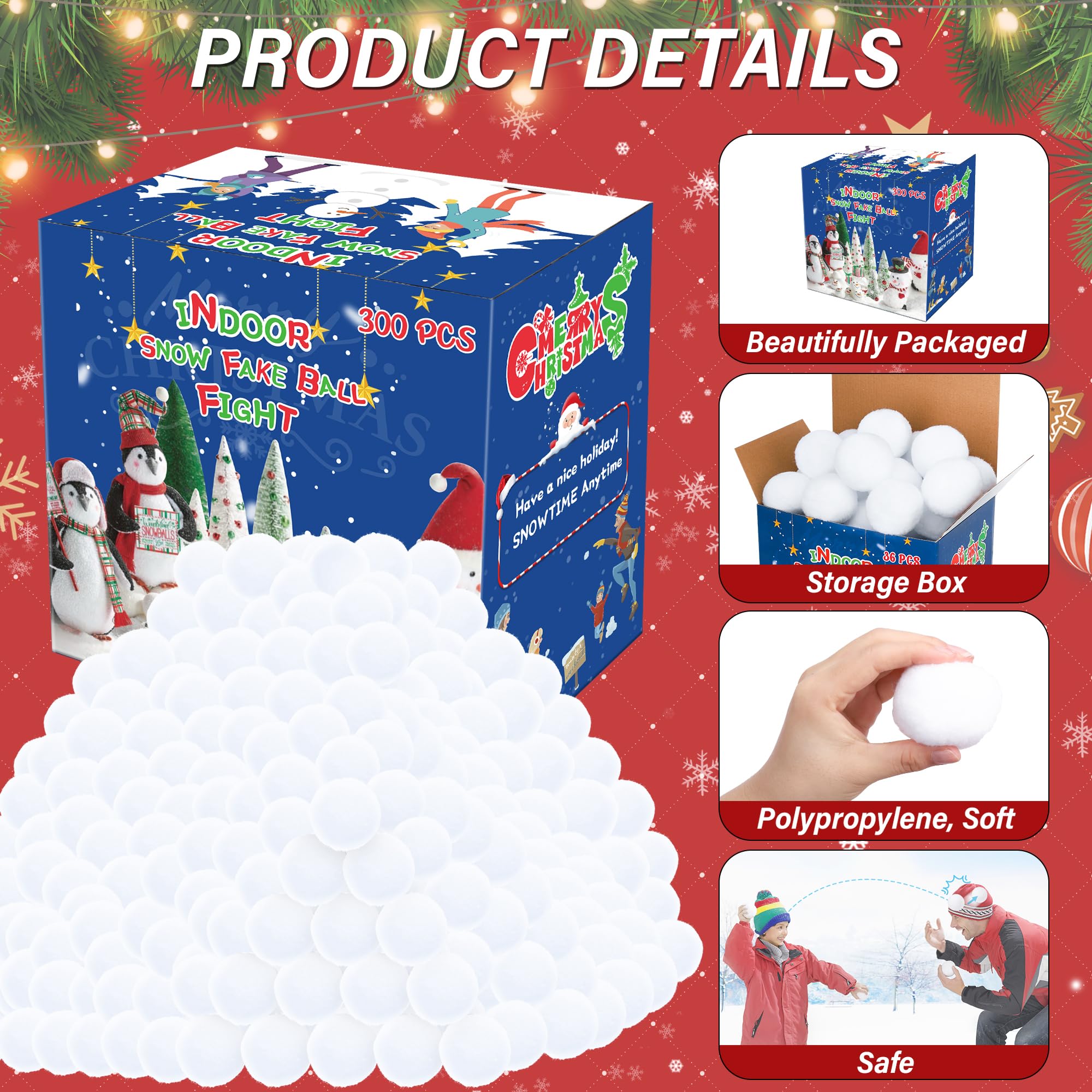 300 Pack Soft Artificial Fake Snow Balls for Kids - Indoor/Outdoor Winter Snowball Fight Game Set - Safe Plush Snowballs for Family Fun, Christmas Party Decor & Parent-Child Activities (Great for Holiday Gatherings & Winter Playtime)