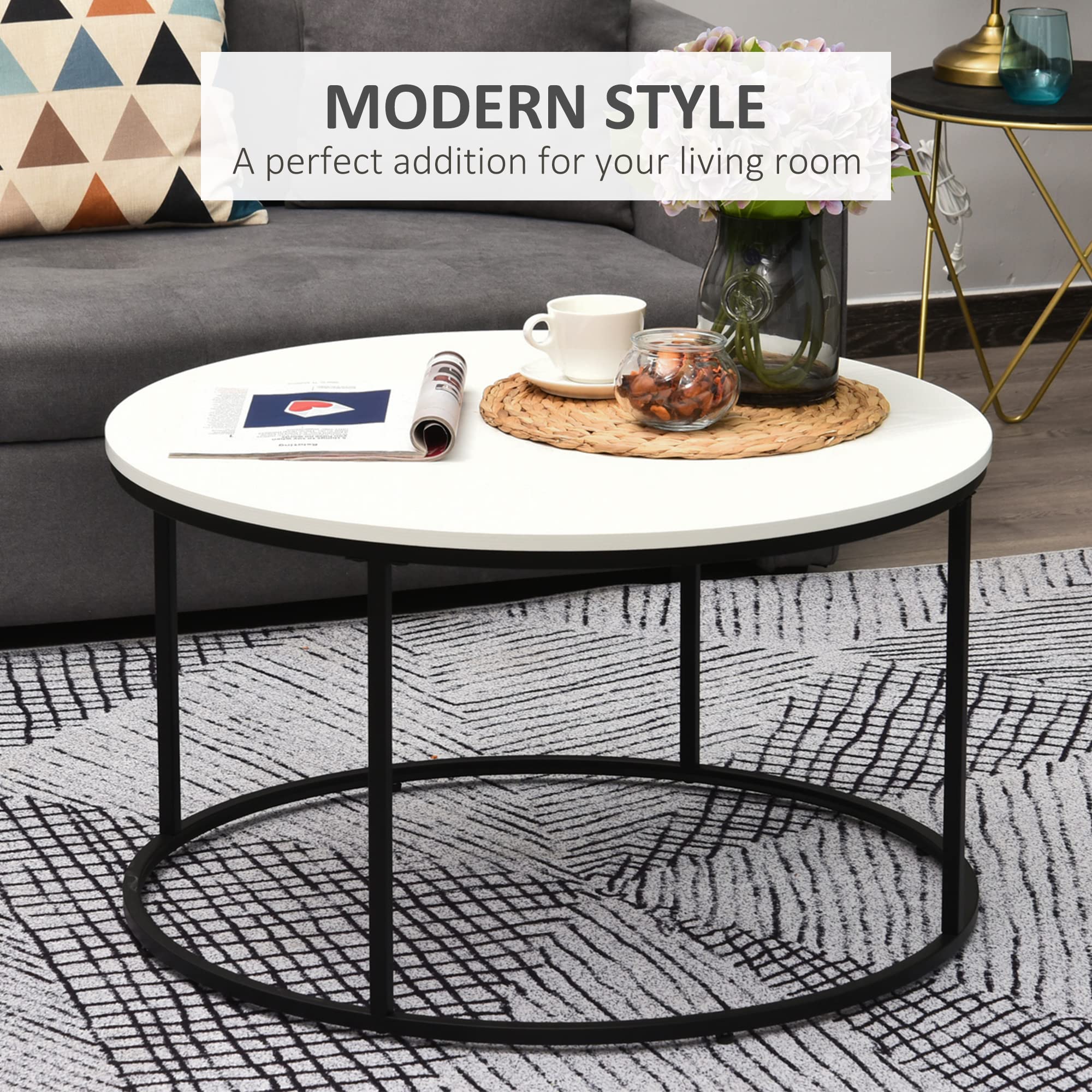 Modern Round Coffee Table 32 Inch - Black Metal Frame & White Top - Living Room Center Table for Home Decor, Coffee & Conversations