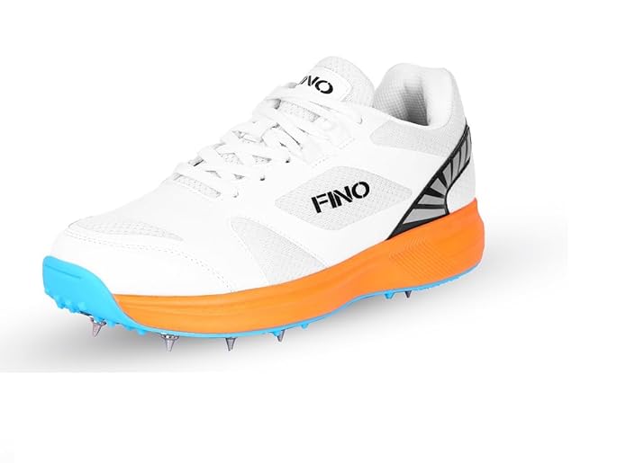 FINO C 01 White & Orange Junior Metal Spikes Cricket Shoes - Lightweight & Durable for Youth Cricket Matches & Practice Sessions