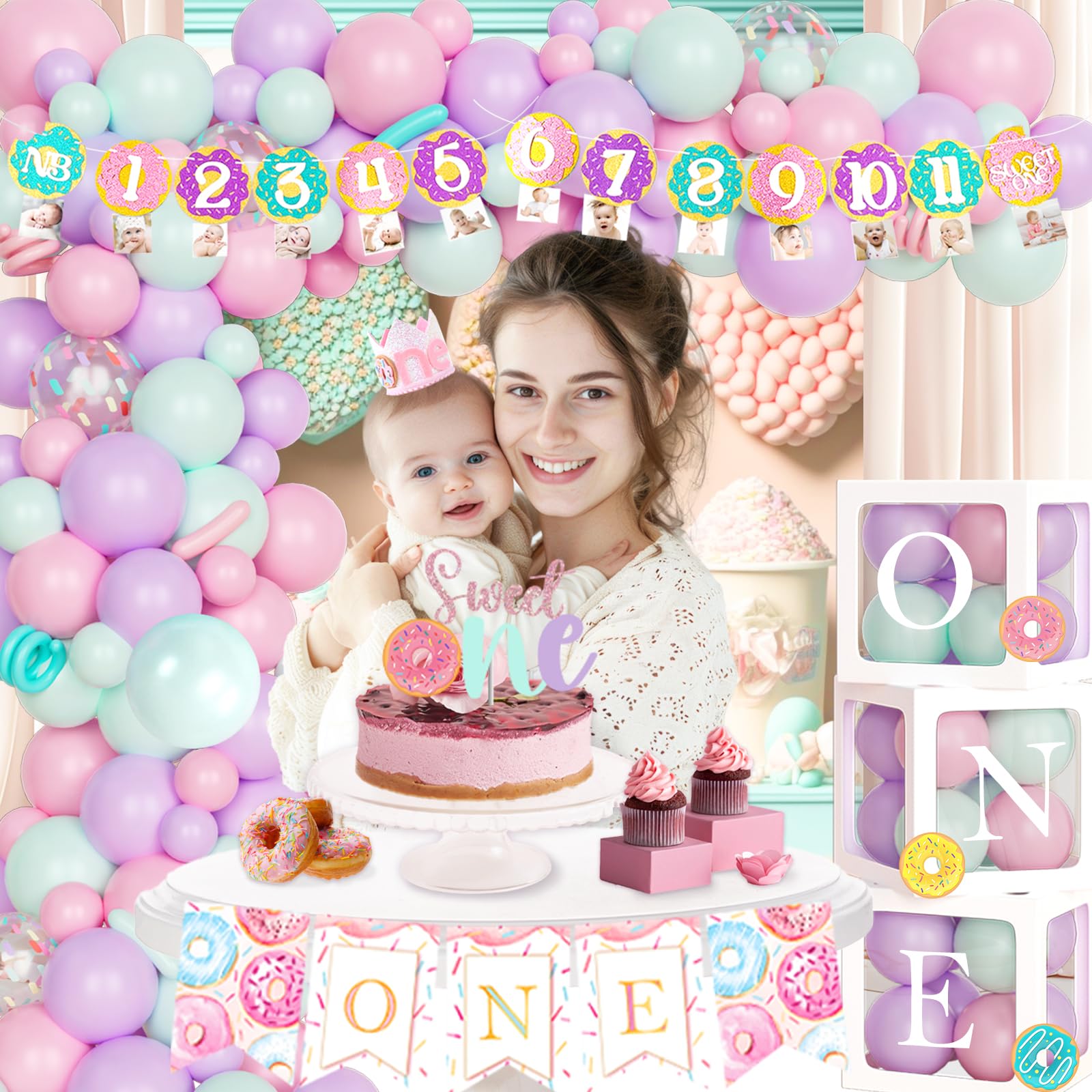 Sweet One Birthday Party Decorations Set - Donut Themed 1st Birthday Supplies for Girls with Backdrop, Balloons, Highchair Banner, Cake Topper, Crown & Posters | Pastel Pink Party Decor for Baby's First Birthday Celebration & Photo Shoots