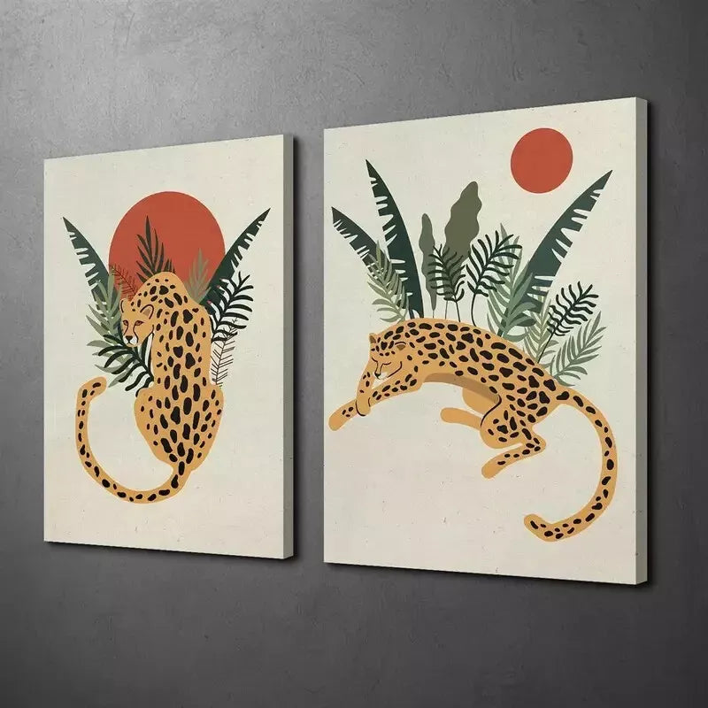 2PCS Jungle Animal Canvas Wall Art - Minimalist Framed Painting Decor 50x75cm - High Quality Print Ready to Hang - Perfect for Nursery, Kids Room & Living Room Decor
