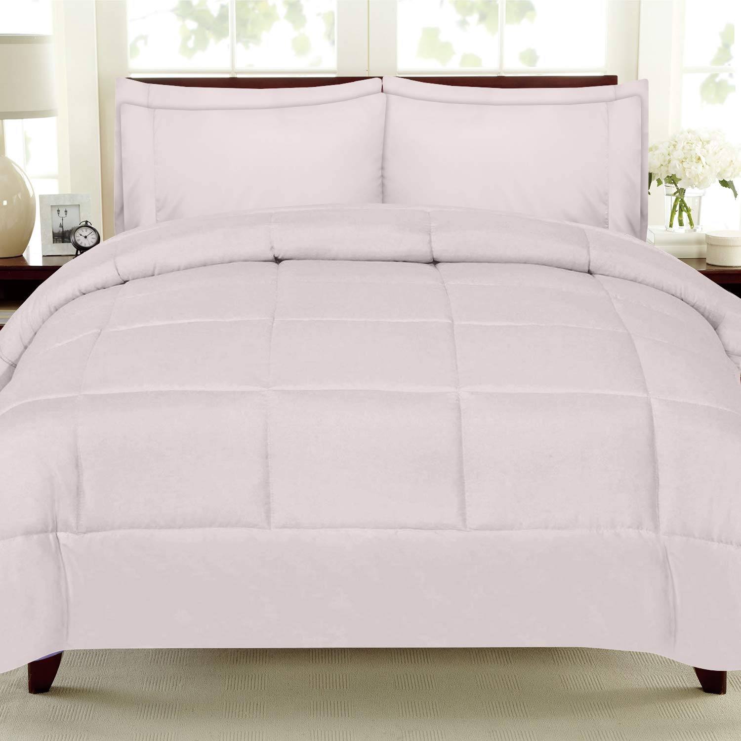 Premium 100% Cotton 600 TC Down-Alternative Bedding Set - Oversized King Size (Baby Pink) 7-Piece Bed-in-a-Bag with 18
