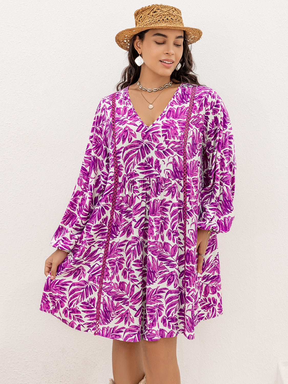 Plus Size Floral Print V-Neck Mini Dress for Women - Summer Vacation, Beach Party & Casual Outings