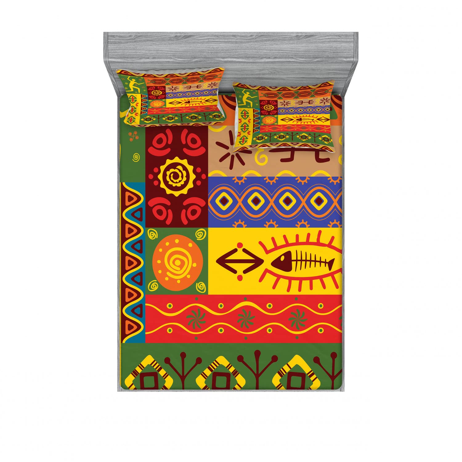 Ambesonne 2-Pack African Tribal Print Queen Size Fitted Sheet Set with 4 Pillow Shams - West Folk Style Multicolor Bedding Decor for Master Bedroom, Guest Room & Dorm - Soft Wrinkle-Resistant Luxury Cotton Blend