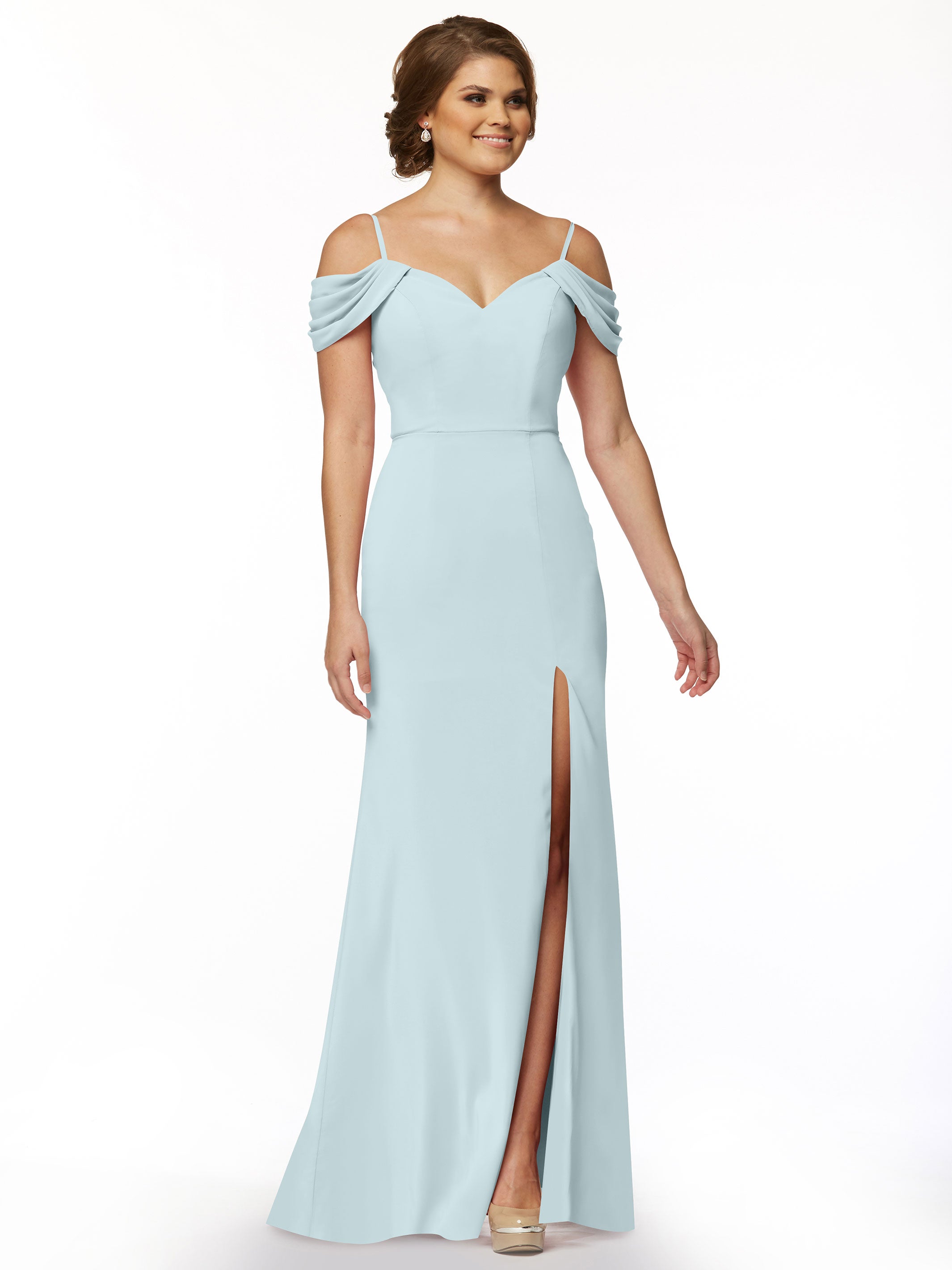 Elegant 83029 Stretch Chiffon Off-Shoulder Bridesmaid Dress with Thigh High Slit - Perfect for Weddings, Parties & Formal Events