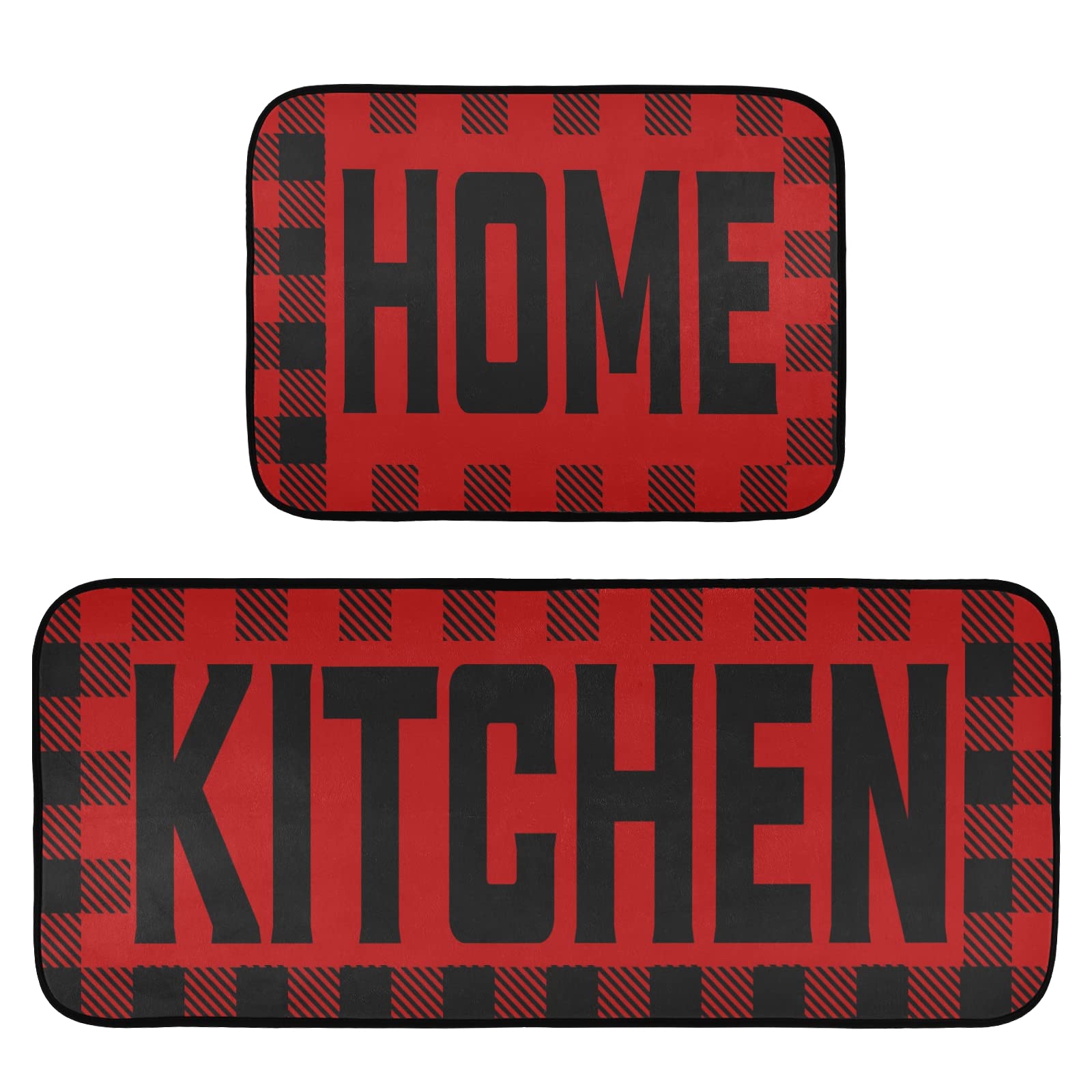 Buffalo Plaid Checked Black Red Kitchen Mat Set of 2 - Anti-Fatigue, Washable, Non-Slip Cushioned Foam Kitchen Runner Rugs - Comfort Standing Mats for Floor, Laundry Room & Home Decor - Perfect for Farmhouse, Cabin & Rustic Style Kitchens