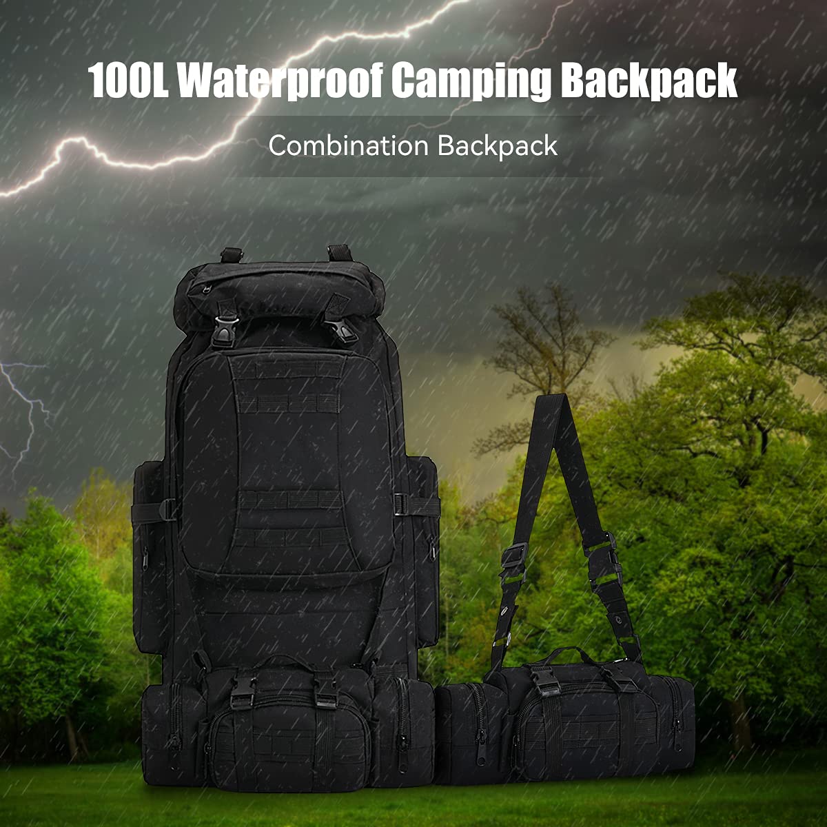 100L Waterproof Lightweight Camping Backpack - Molle Military Tactical Rucksack for Hiking, Travel & Outdoor Adventures (Black) - Perfect for Camping Gear, Survival Equipment & Daily Use