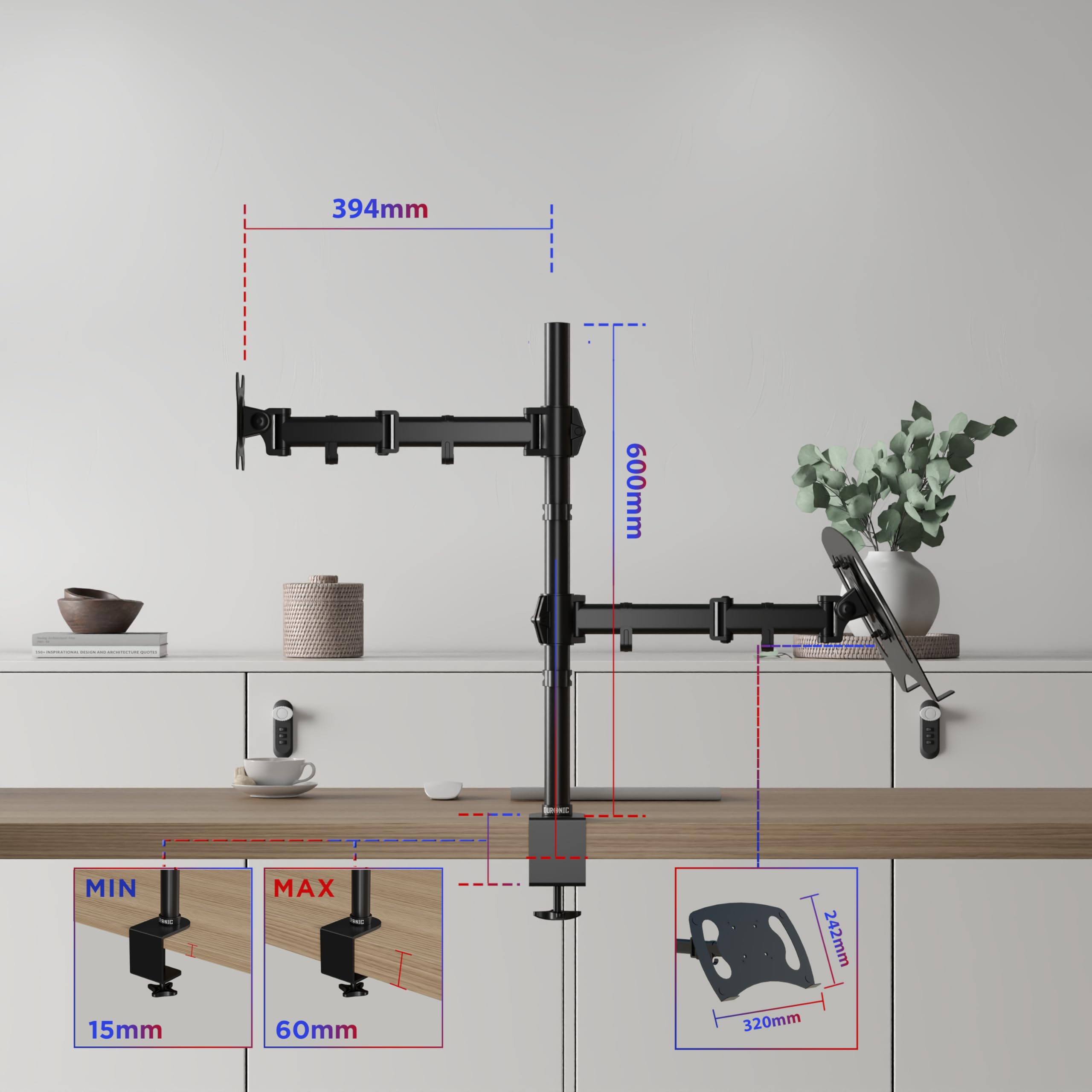 Duronic DM25L1X1 Single Monitor Stand - Adjustable Dual Arm Desk Mount for 13-27 inch LCD/LED Screens, Laptops & TVs | VESA 75/100 Compatible | 360° Rotation, 180° Swivel, -90° to +35° Tilt | Perfect for Home Office, Gaming & Workspace Setup