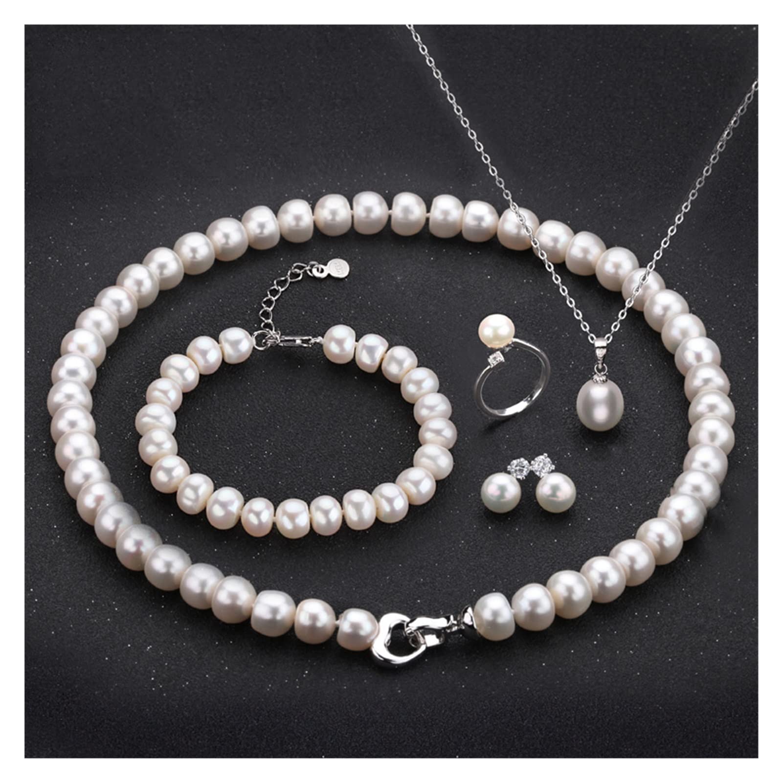 SHANGMAOYO Women's Pearl Jewelry Set - 925 Silver Freshwater Pearl Necklace & Earrings, 8-9mm Natural Pearls, Elegant Wedding & Party Accessories for Women