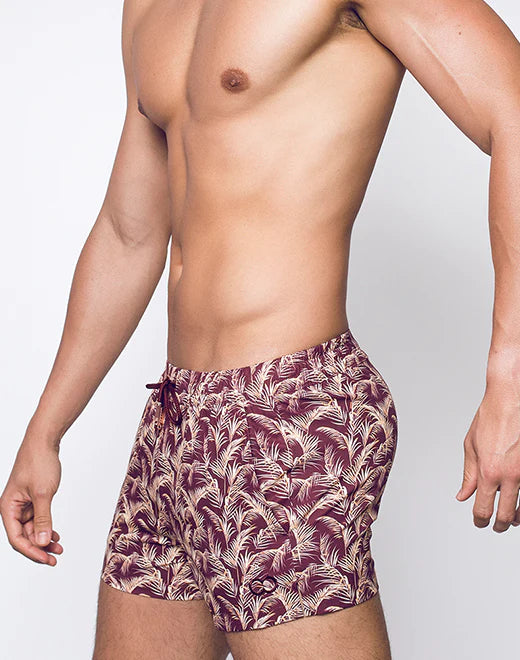 2eros Hawaiian Night 3 Swim Shorts for Men - Burgundy Floral Print Beach Swimwear | Perfect for Pool Party, Vacation & Summer Outfits