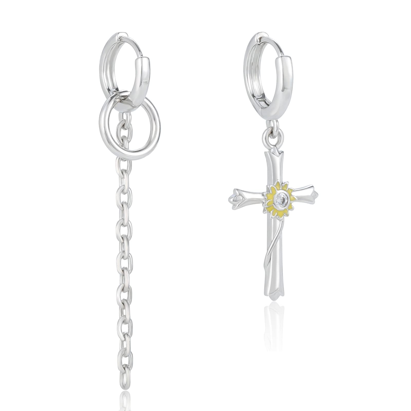 MESOVOR Silver Cross Hoop Earrings for Women & Men - Asymmetrical Cross Dangle Earrings with Flower Heart Design | Hypoallergenic Fashion Jewelry for Everyday Wear, Parties & Gifts