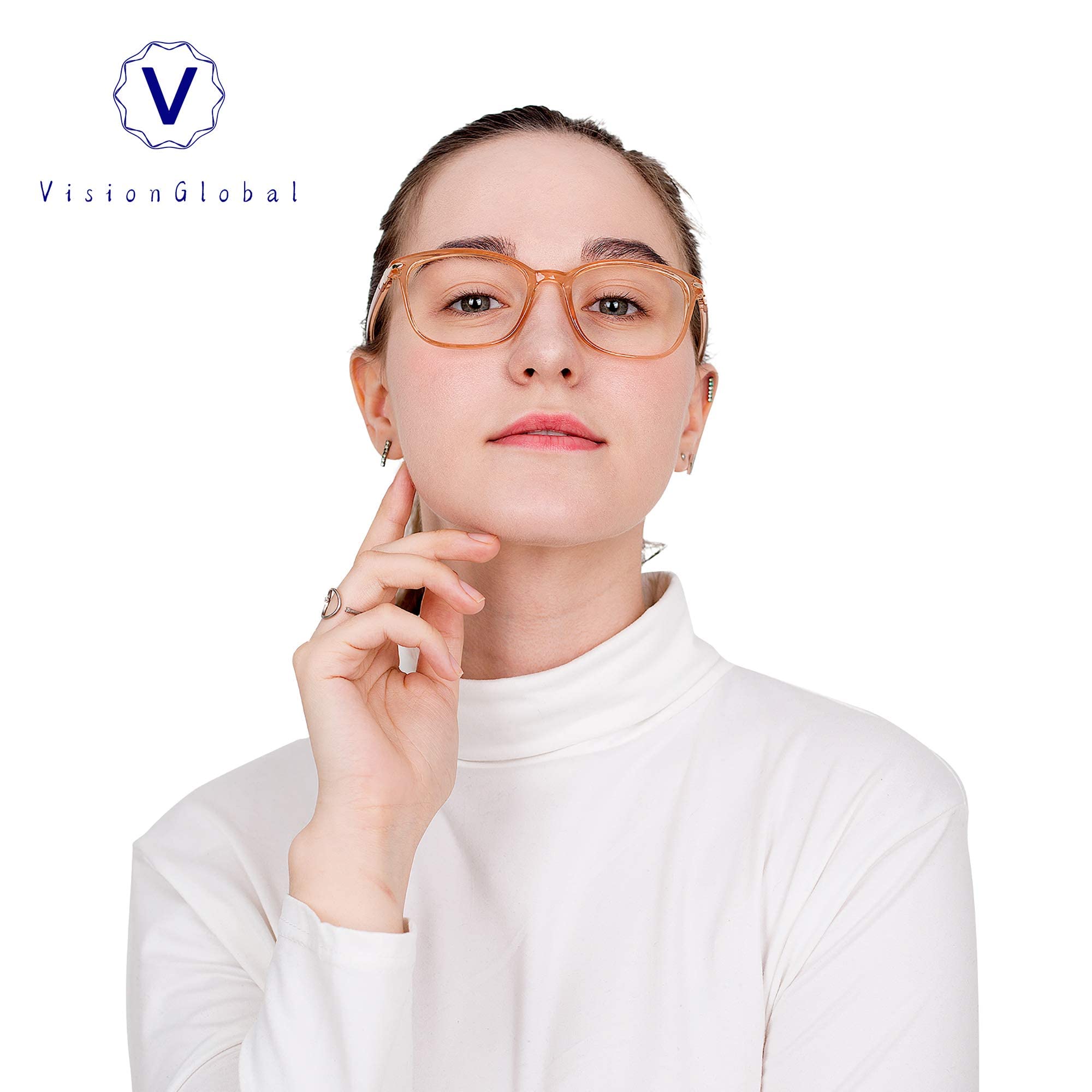 VisionGlobal Blue Light Blocking Glasses for Women & Men - Anti Eyestrain, Computer & Reading Glasses with UV Protection & Anti Glare - Stylish Square Frame (Champagne, No Magnification) - Perfect for Office Work, Gaming & Screen Time