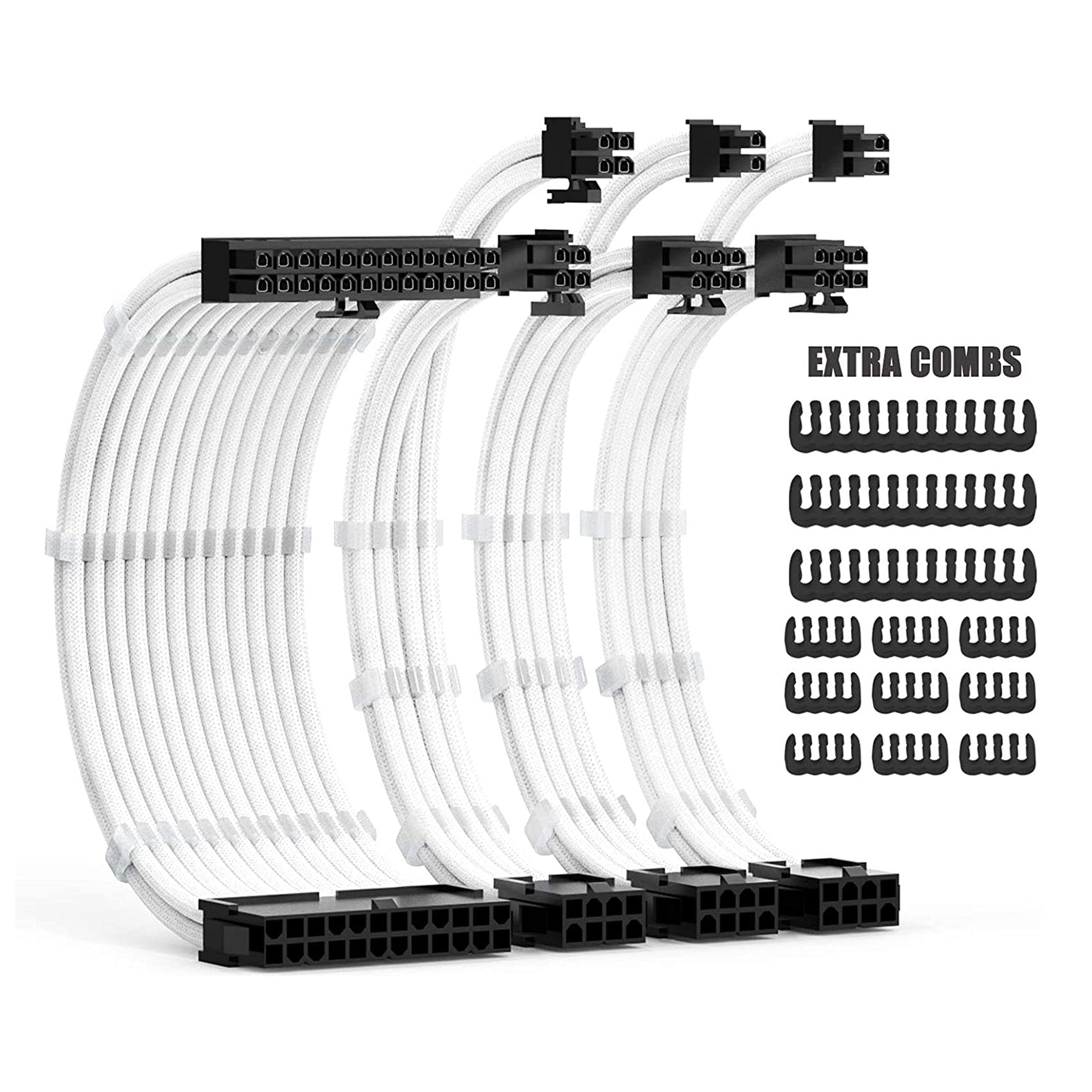 Premium PSU Cable Extensions Kit - 30CM Sleeved Power Supply Cables with Cable Combs (24Pin, 8Pin 4+4, 6+2Pin) for ATX Power Supplies - Perfect for PC Gaming Rigs, Custom Builds & Cable Management