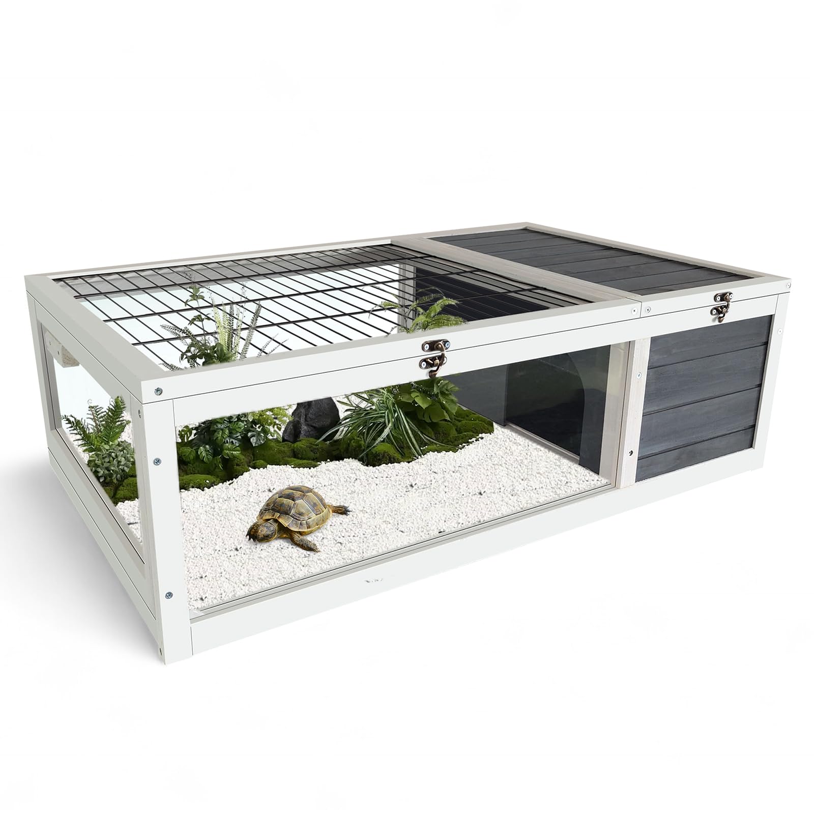Premium Wooden Tortoise Habitat with 2 Leak-Proof Trays - Large Turtle Enclosure with Openable Lids - Indoor/Outdoor Reptile House for Tortoises, Bearded Dragons & Hamsters - Perfect for Backyard, Patio or Terrarium Setup