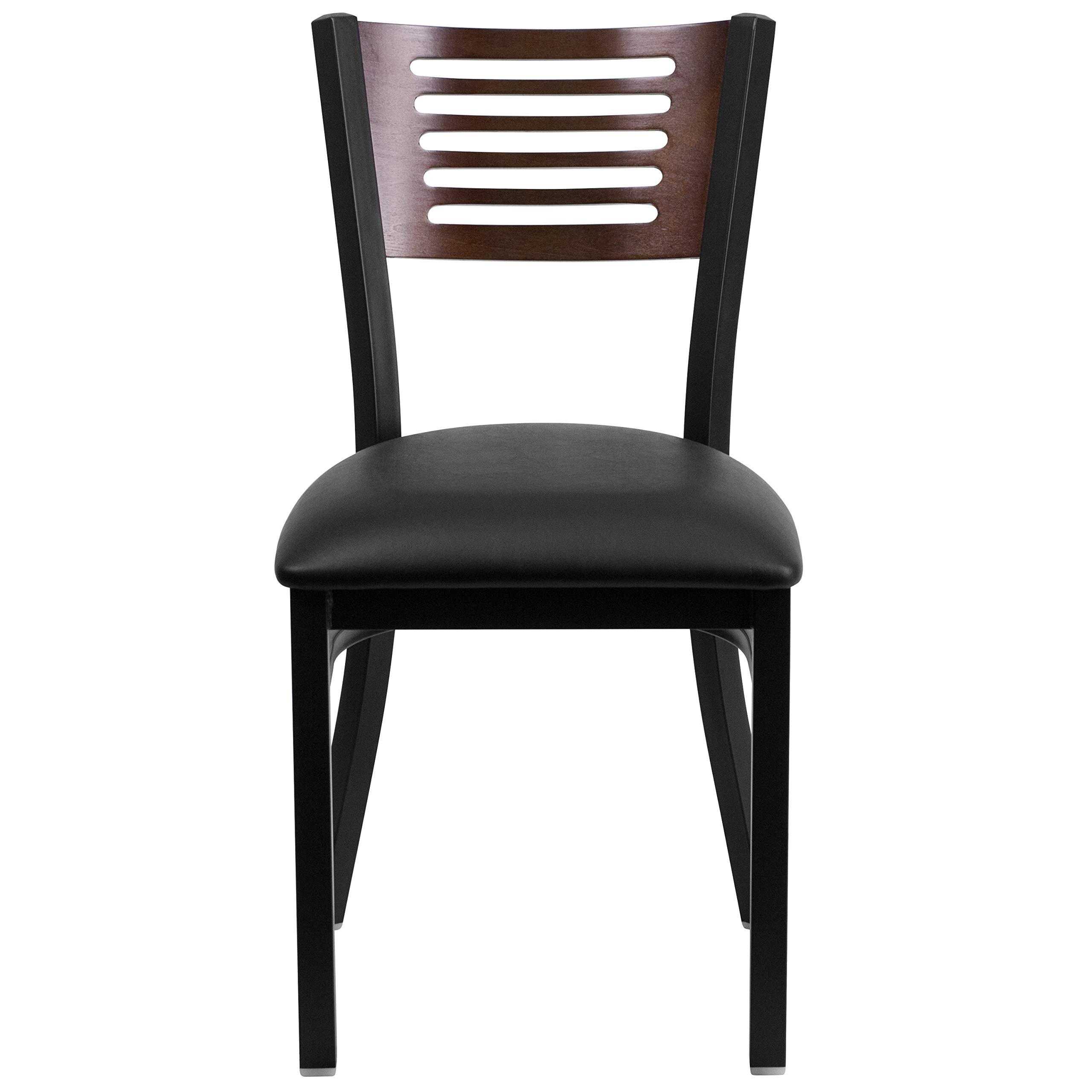 2 Pack Black Slat Back Metal Restaurant Chairs - Walnut Wood Back, Black Vinyl Seat - Durable Dining Chairs for Restaurants, Cafes, and Home Kitchens