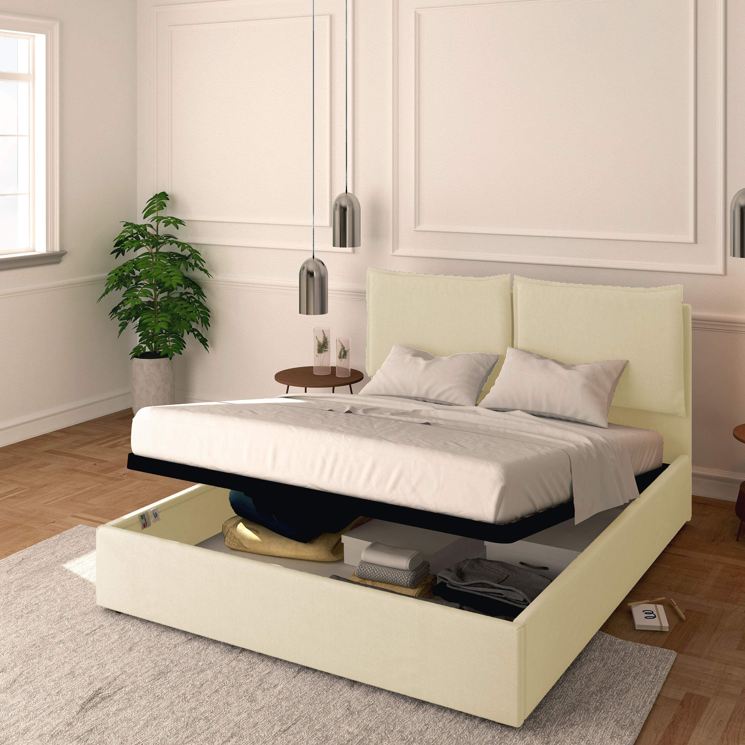 Baldiflex Licia Queen Size Bed Frame with Storage, Synthetic Upholstered Headboard, Slatted Base - Cream, 160x190cm - Perfect for Small Bedrooms & Guest Rooms