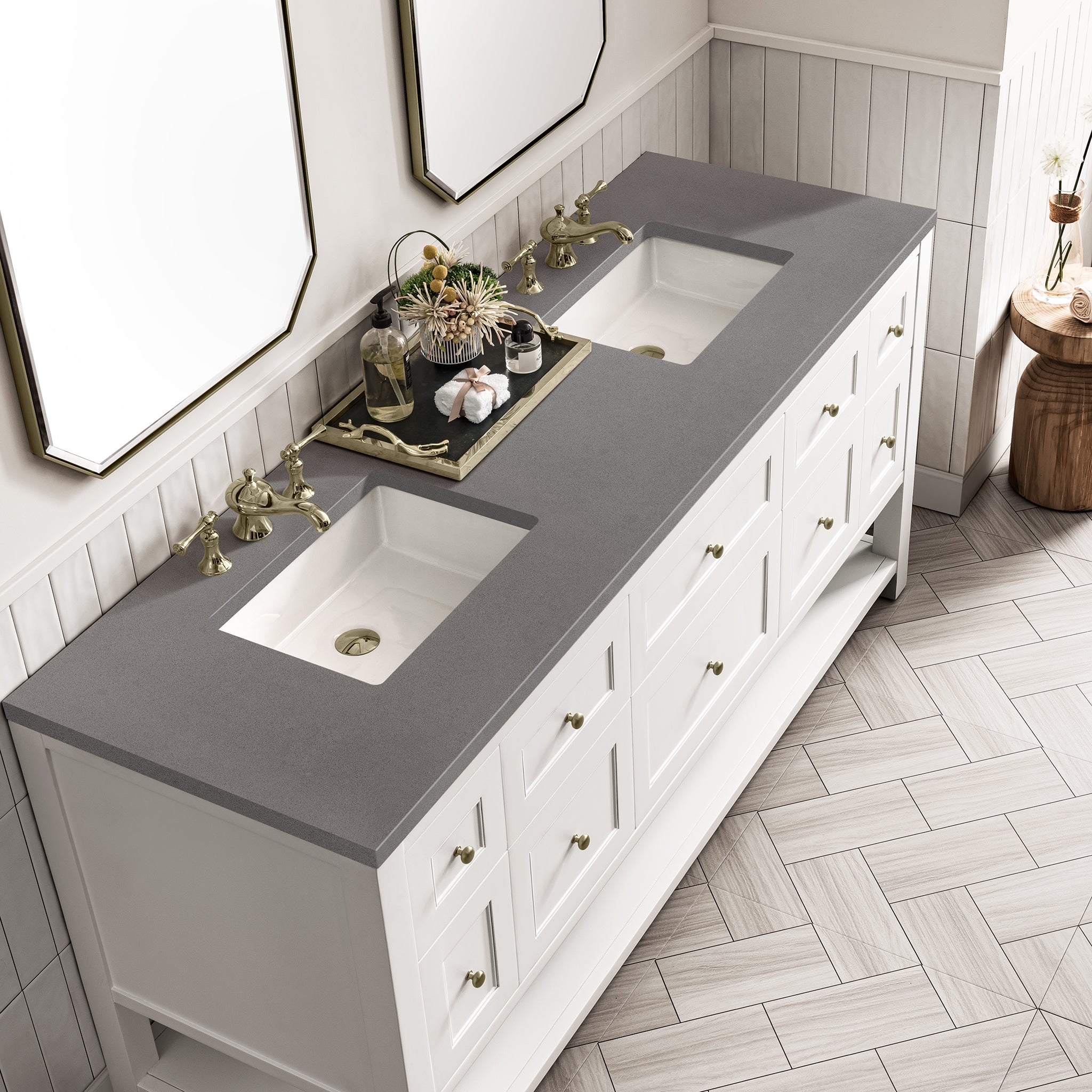 Breckenridge 72-Inch Double Vanity with Bright White Finish & 3CM Grey Expo Top - Perfect for Modern Bathroom Renovations & Master Suite Upgrades