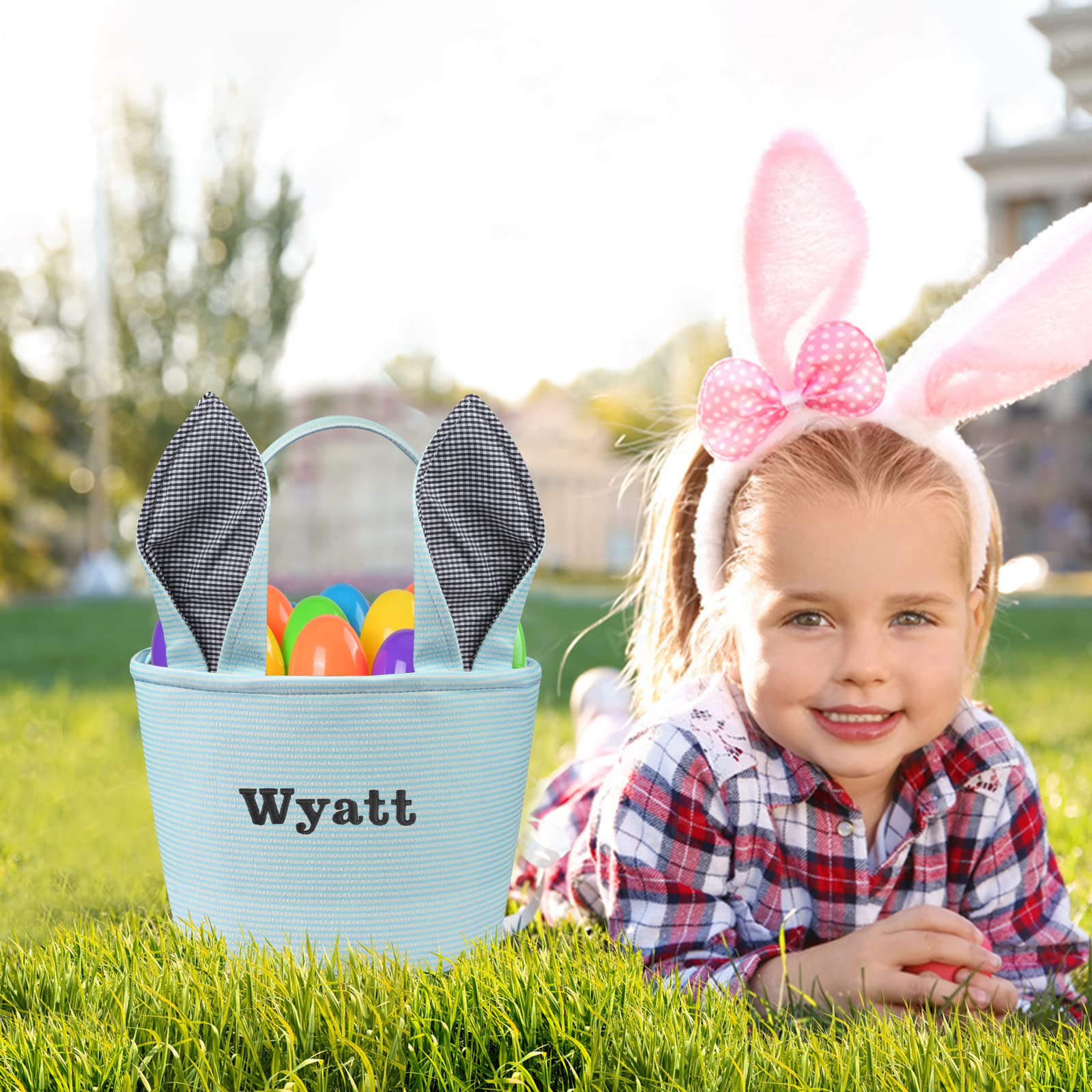 Personalized Easter Basket with Bunny Ears - Custom Name Easter Basket for Kids, Boys & Girls - Blue - Perfect for Easter Egg Hunts, Gift Giving & Spring Celebrations