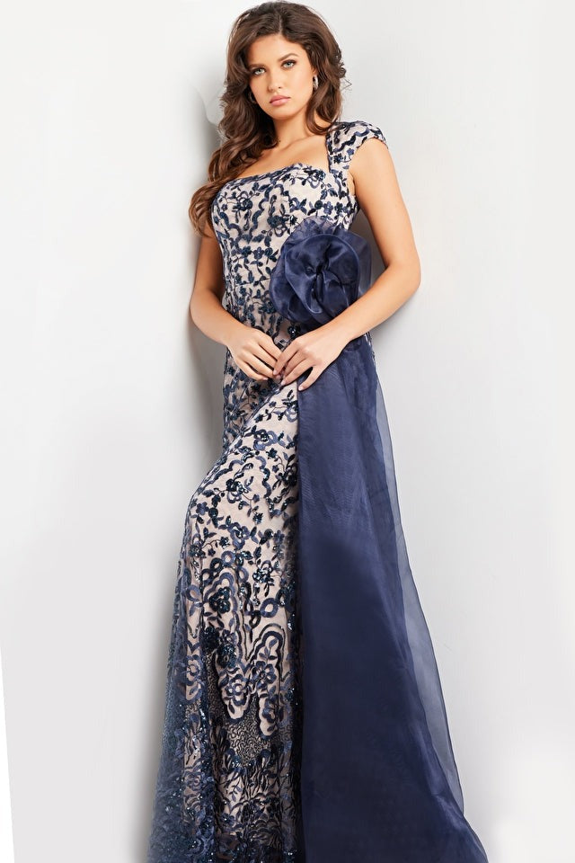 Jovani 37203 Navy Blue Nude Embroidered Cap Sleeve Evening Gown for Prom, Homecoming, and Formal Events