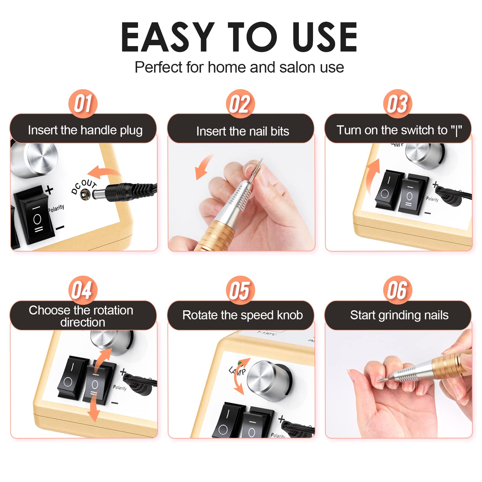 Subay Professional Electric Nail Drill Machine 30,000 RPM - Electric Nail Efile Kit for Acrylic & Gel Nails - Manicure Pedicure Polishing Tools for Salon & Home Use - Golden (Perfect for Nail Artists, DIY Enthusiasts & Professional Technicians)