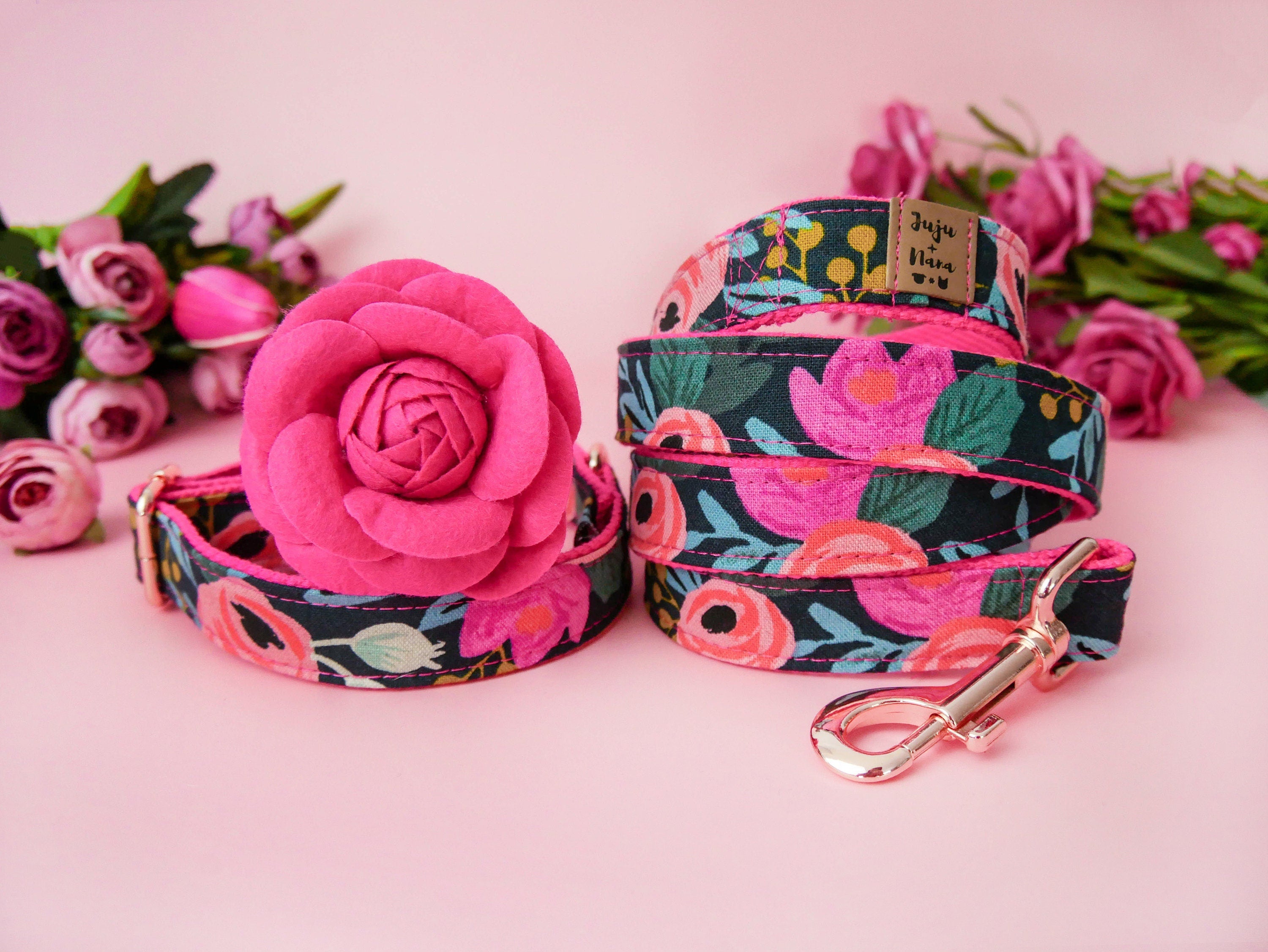 Rifle Paper Co Floral Dog Collar and Leash Set - Rosa Black Pattern for Small to Medium Dogs | Perfect for Walks, Pet Photos & Stylish Outings