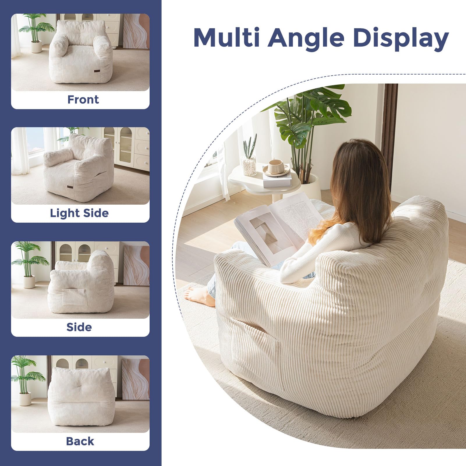MAXYOYO Tufted Corduroy Bean Bag Chair with Filler - Comfortable Lazy Couch for Adults & Teens in Beige | Perfect for Living Room, Bedroom & Dorm Relaxation