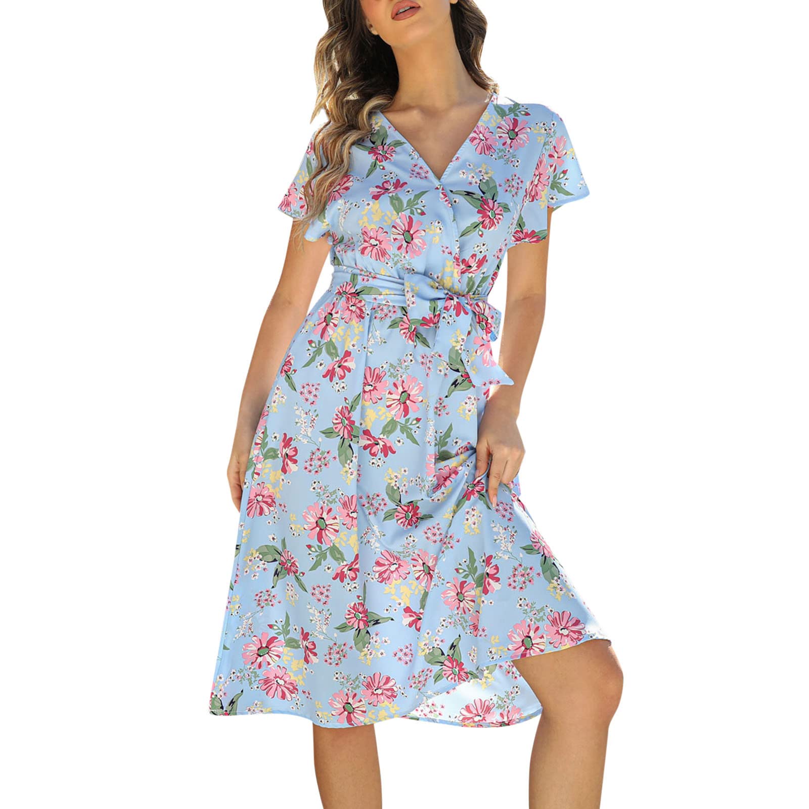 Women's V-Neck Batwing Sleeve Floral Swing Dress with Waist Tie - A-Line Midi Beach Dress for Summer Vacation, Date Night & Casual Outings