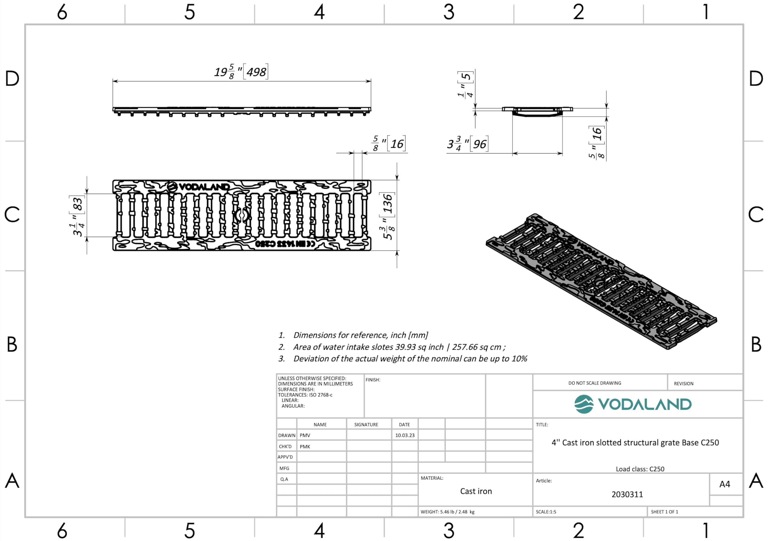 Vodaland 4 Inch Trench Drain Cast Iron Grate with Slotted Design - 4.8