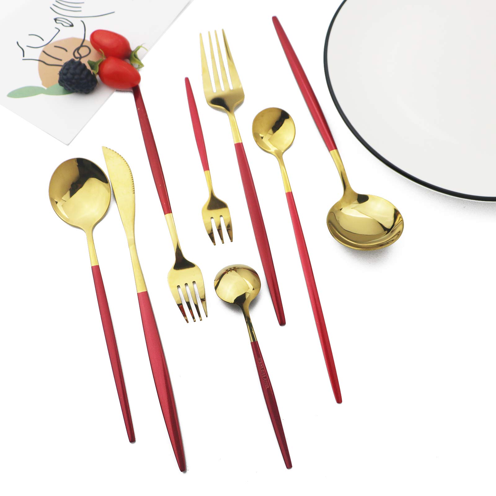 JASHII 32-Piece Stainless Steel Flatware Set - Silverware Cutlery with Cake Fork & Long Handle Spoons for 4, Elegant Tableware (Red & Gold) - Dishwasher Safe - Perfect for Dinner Parties, Weddings & Fine Dining