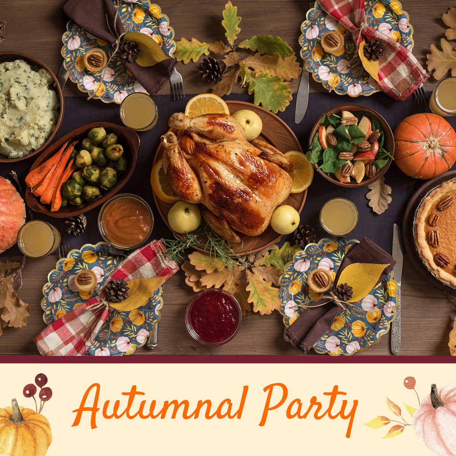 50-Count Disposable Thanksgiving Paper Plates - Scalloped Edge Pumpkin Design Slate Grey - Elegant Dinner Party Supplies for Holiday Gatherings, Family Feasts & Autumn Celebrations