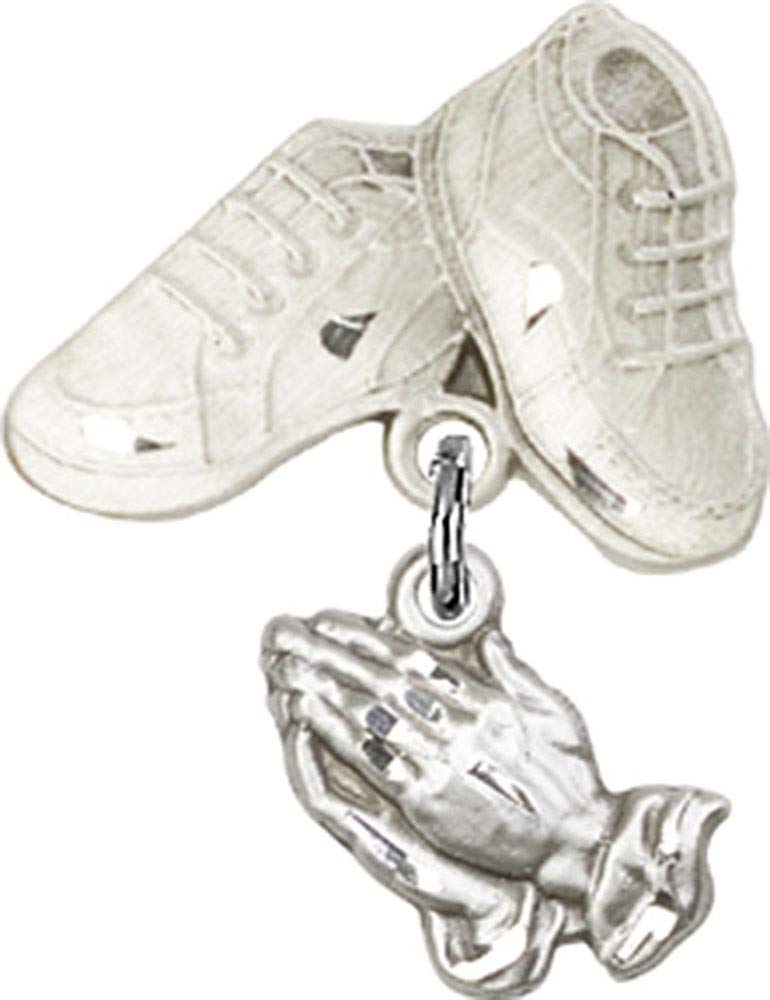 Sterling Silver Baby Badge with Praying Hands Charm & Baby Boots Pin - Handmade in USA - Perfect for Christening Gifts, Baby Showers & Newborn Keepsakes