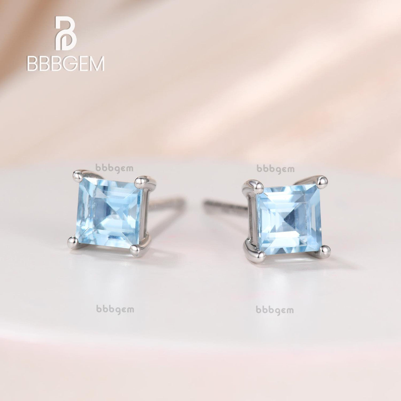 5mm Square Cut Aquamarine Stud Earrings in 14K White Gold - Classic Basket Setting for Women, Perfect for Weddings, Anniversaries & Everyday Elegance