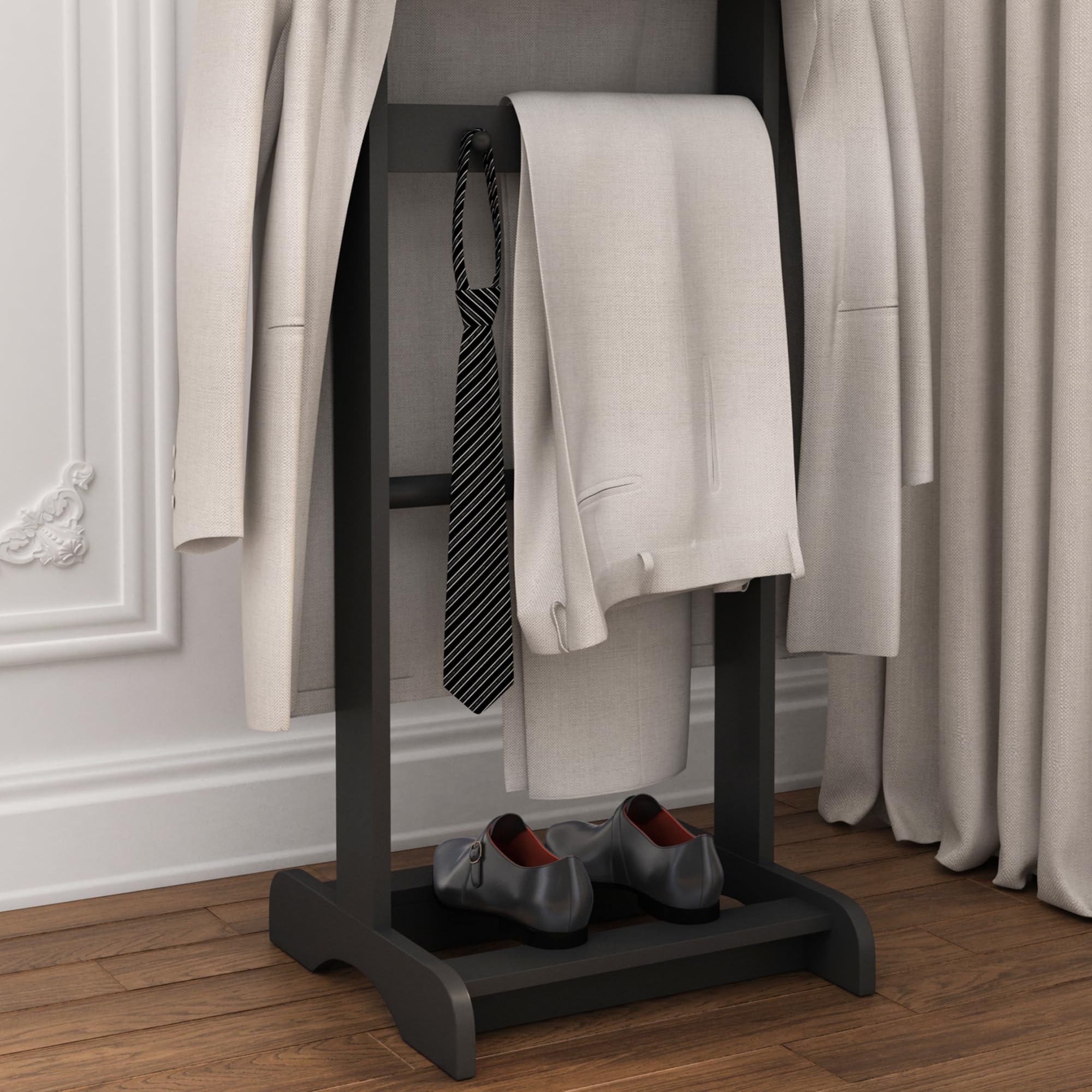 Portable Valet Stand with Top Tray - Foldable Clothes Rack for Entryway, Office & Living Room - Space Saving Garment Organizer (Black) | Perfect for Small Spaces, Guest Rooms & Daily Outfit Planning