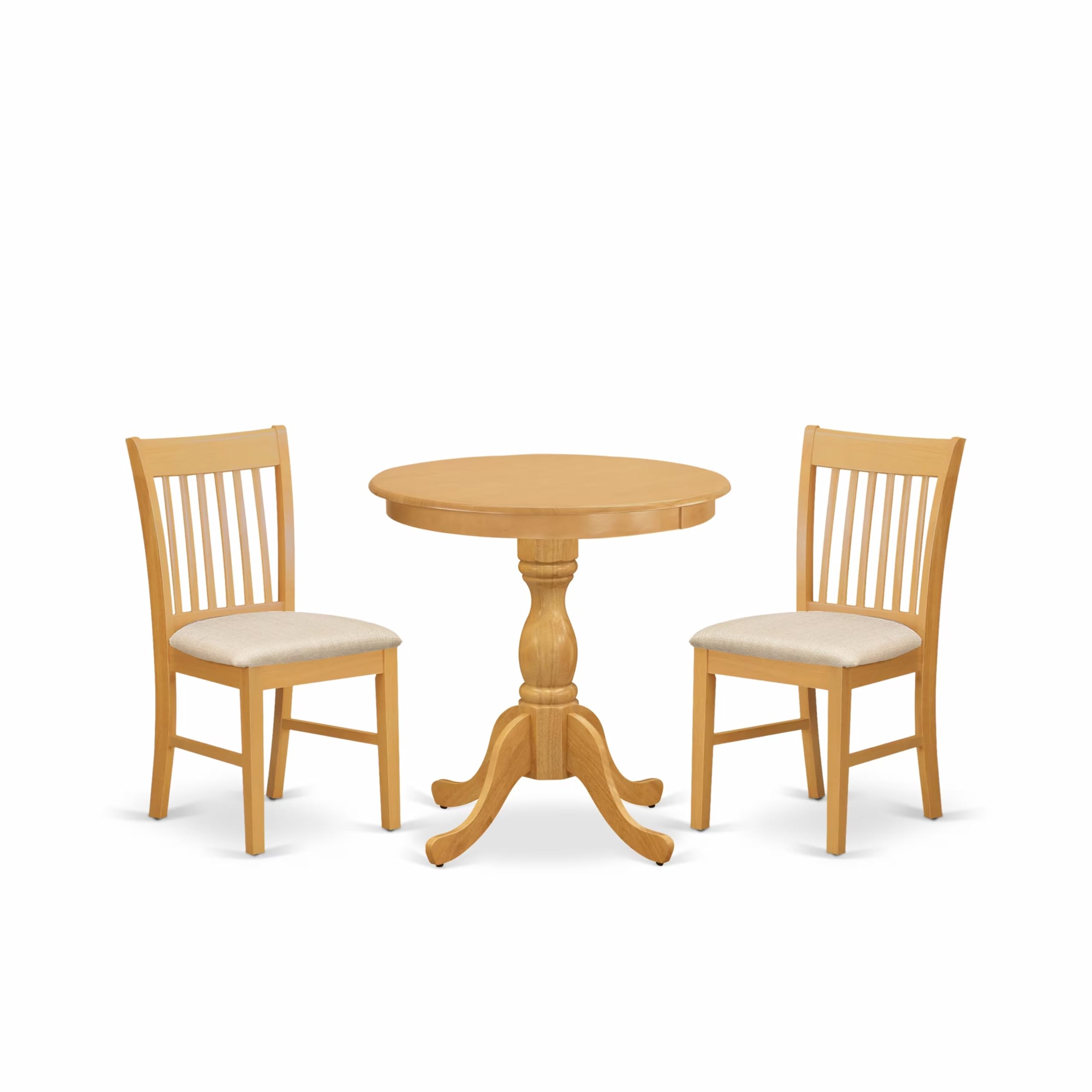 Modern 3-Piece Dining Table Set with Round Pedestal Table & 2 Upholstered Chairs - 30x30 Inch, Oak Finish - Perfect for Small Spaces, Breakfast Nooks & Cozy Apartment Dining - East West Furniture ESNF3-OAK-C