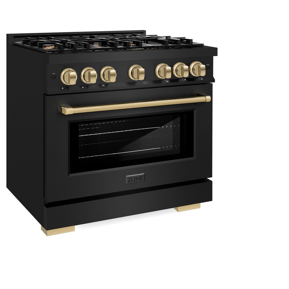 ZLINE Autograph Edition 36-Inch Dual Fuel Range - 5.2 cu.ft Capacity, 6-Burner Gas Cooktop & Electric Convection Oven - Black Stainless Steel with Champagne Bronze Accents (HDRBZ 36 CB) - Perfect for Gourmet Kitchens & Professional Home Chefs
