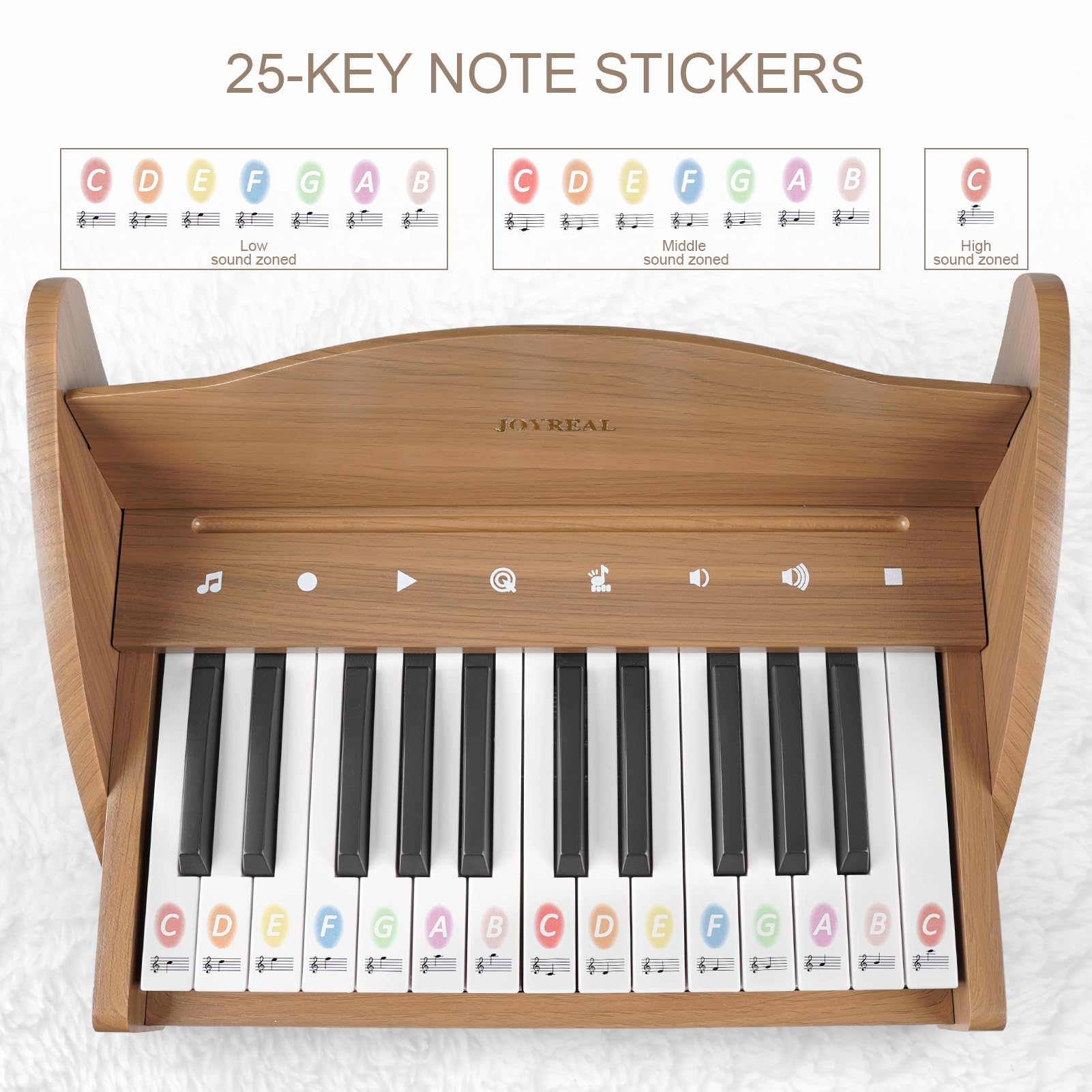 Joyreal 25-Key Digital Piano Keyboard for Kids - Touch Sensitive Keys with Educational Stickers, Wooden Mini Piano Toy for Boys & Girls Ages 3+ | Perfect for Early Music Education, Birthday Gifts & Home Play