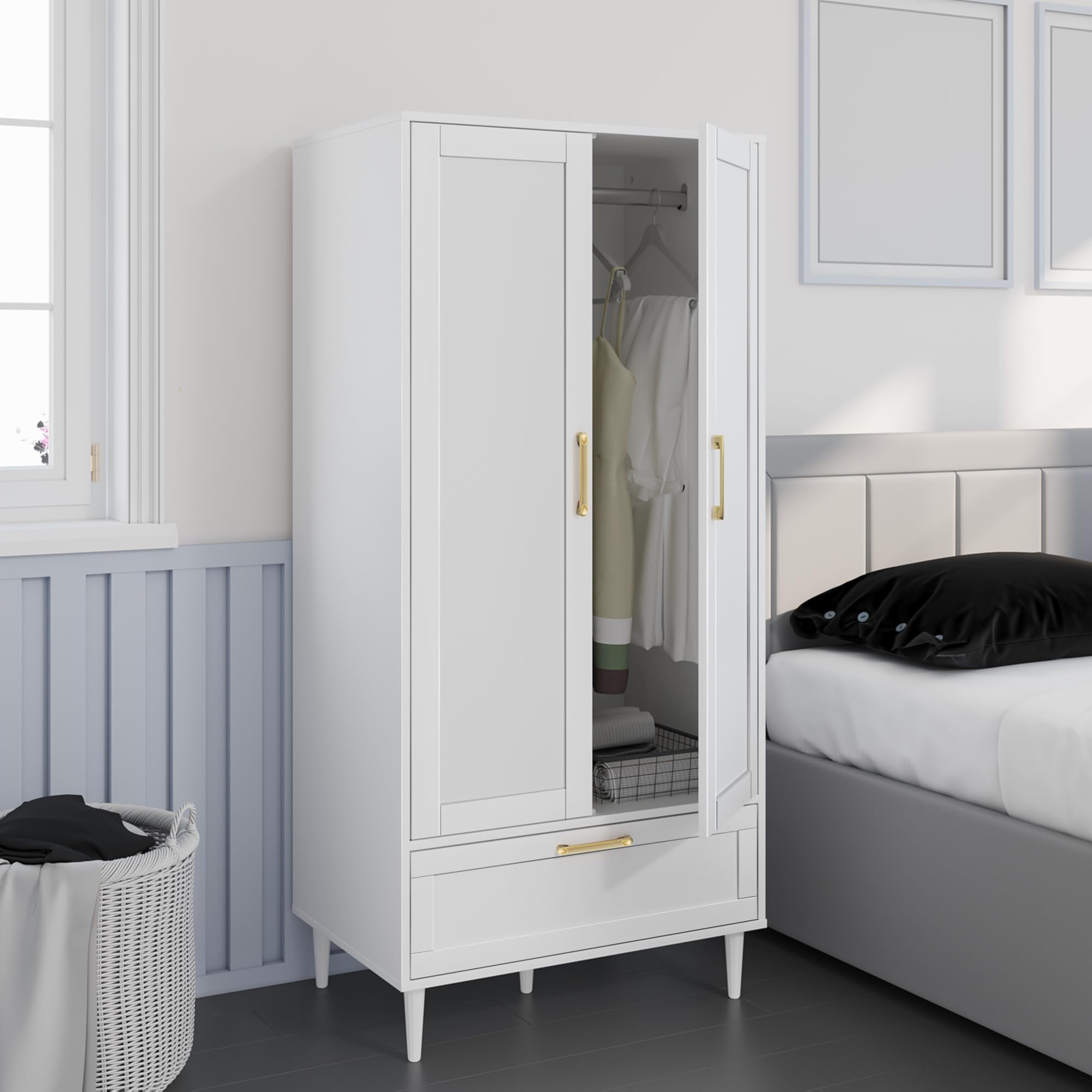60 Inch White Modern Armoire Wardrobe Closet with Hanging Rod & Drawers - 2 Door Storage Cabinet for Bedroom Clothes Organization | Perfect for Small Spaces & Master Bedrooms